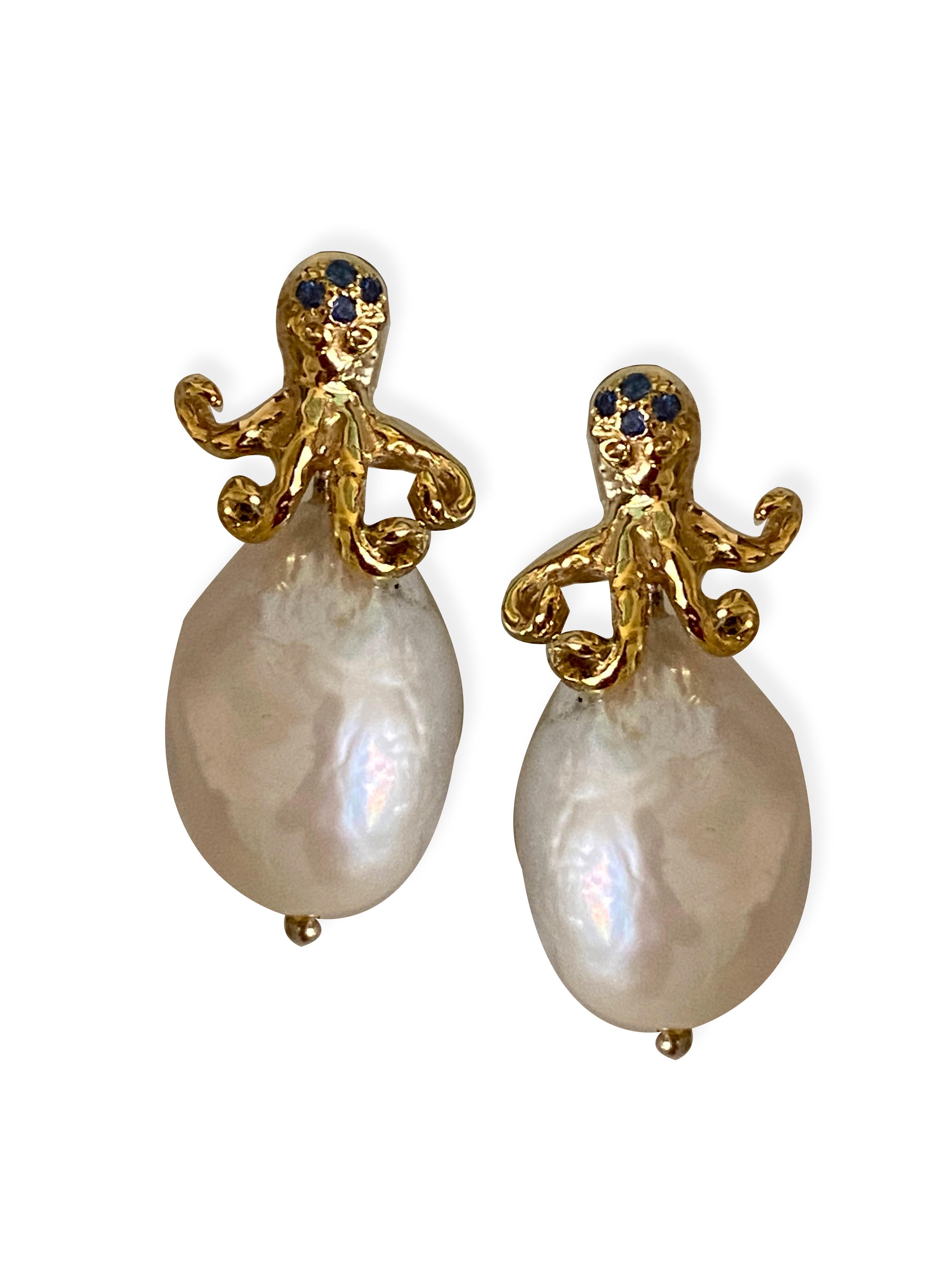 Brilliant Cut Rossella Ugolini Ocean-Inspired 18K Gold Octopus Sapphires Baroque Earrings  For Sale