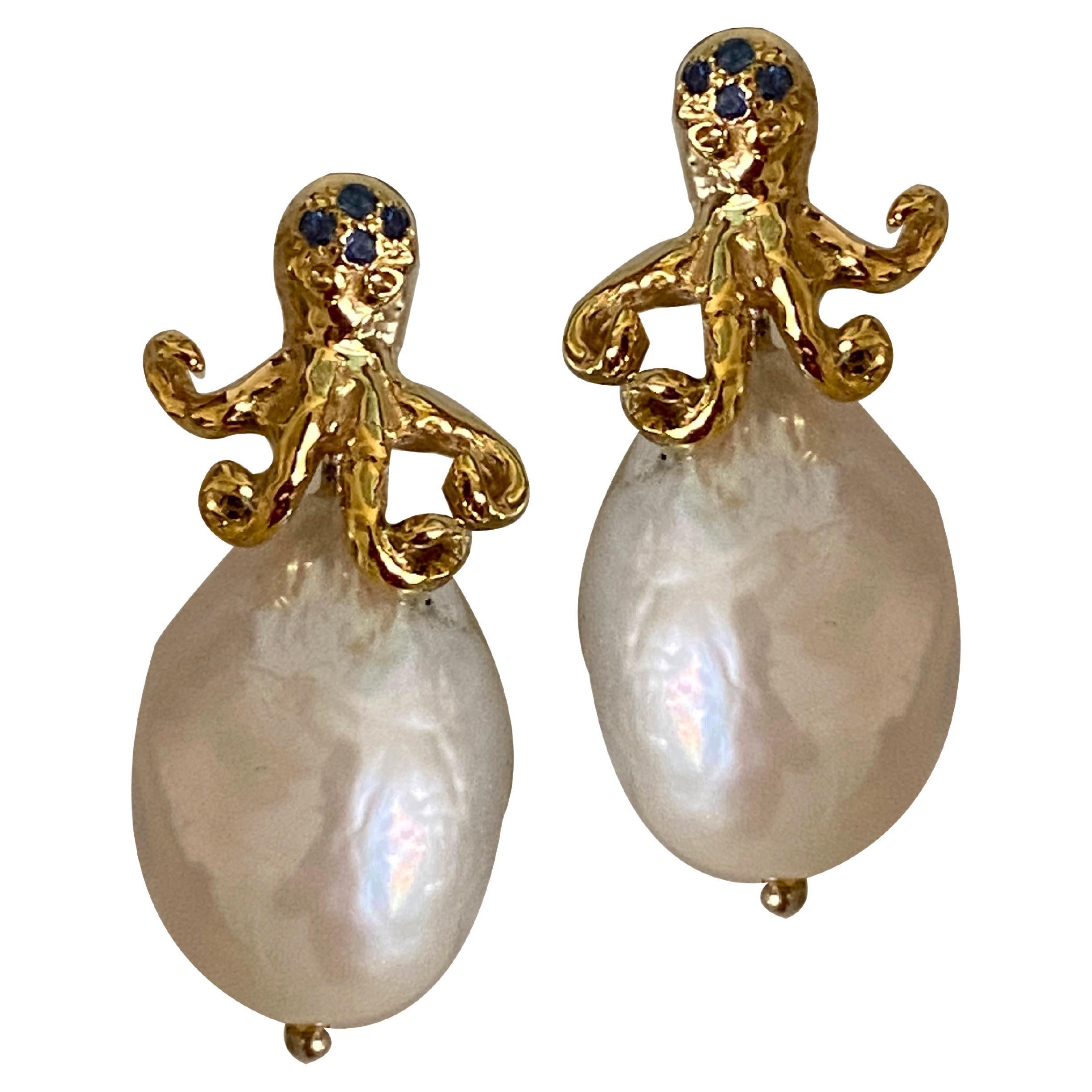 Rossella Ugolini Ocean-Inspired 18K Gold Octopus Sapphires Baroque Earrings 