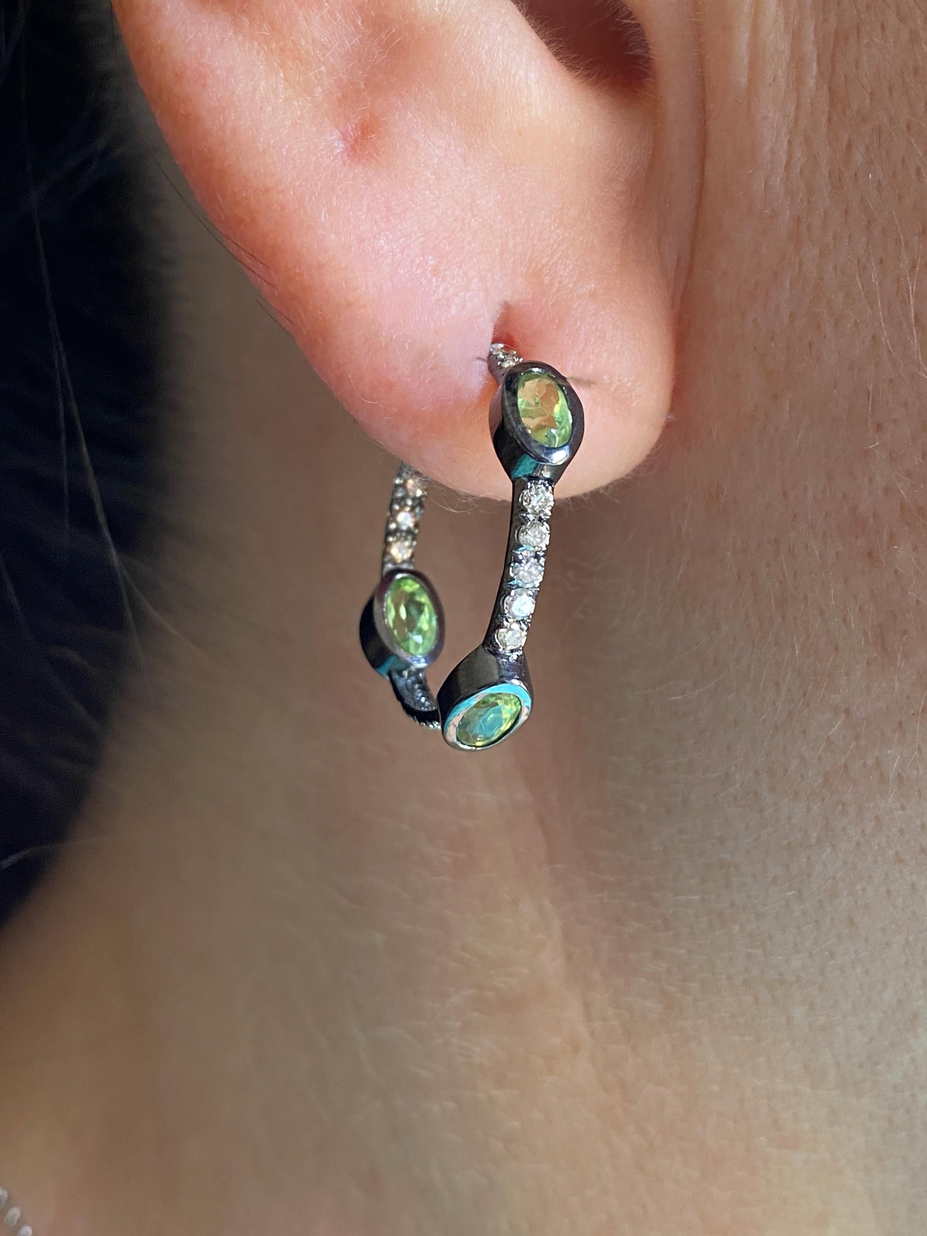 Rossella Ugolini Peridot and Diamond Hoop Earrings 18K Burnished Gold For Sale 1