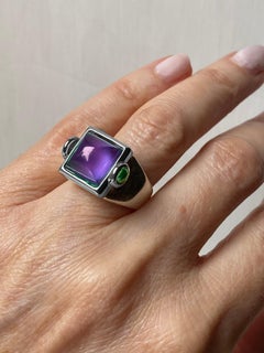 Rossella Ugolini Platinum Amethyst Emeralds Cocktail Ring Made in Italy