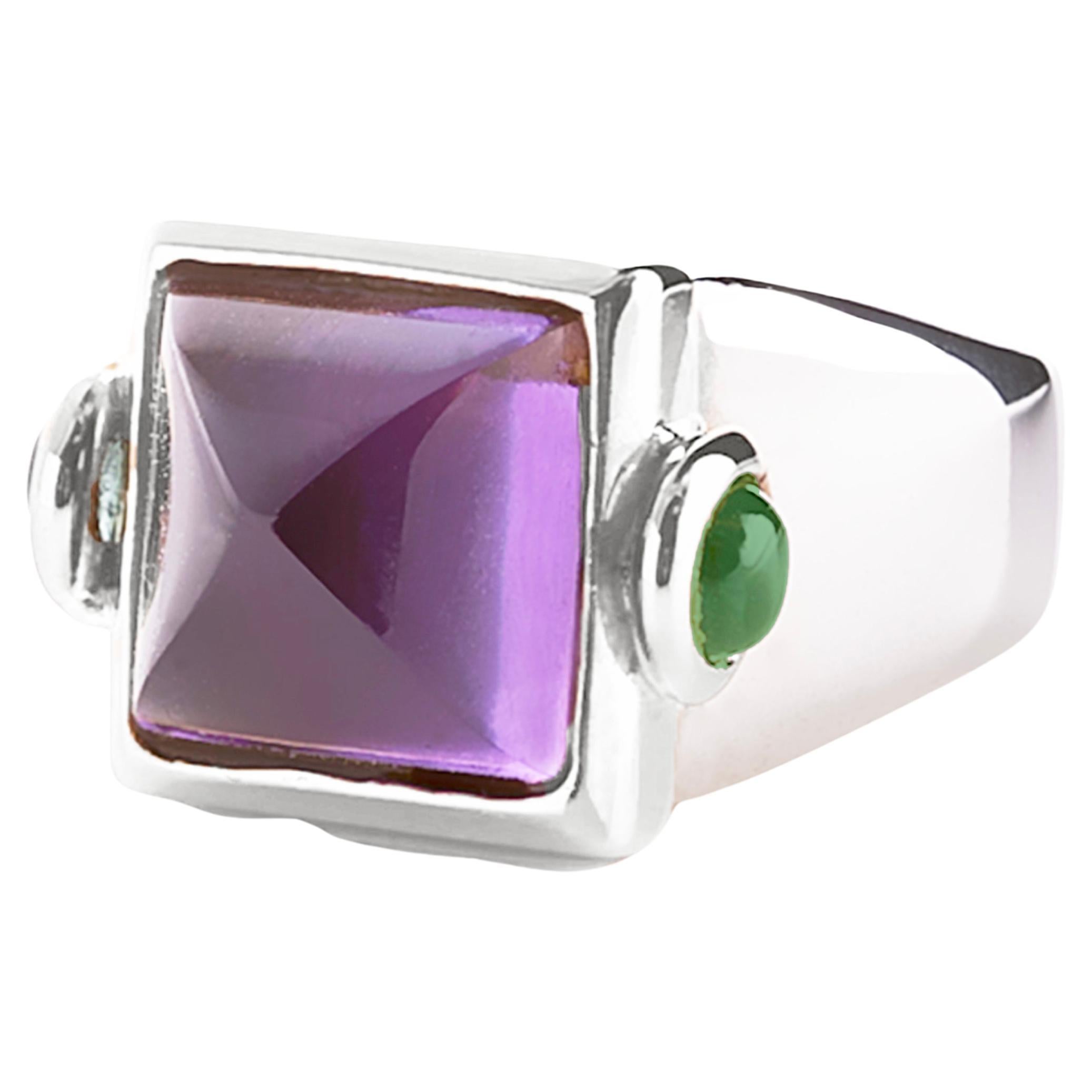 Rossella Ugolini Platinum Amethyst Emeralds Cocktail Ring Made in Italy  For Sale