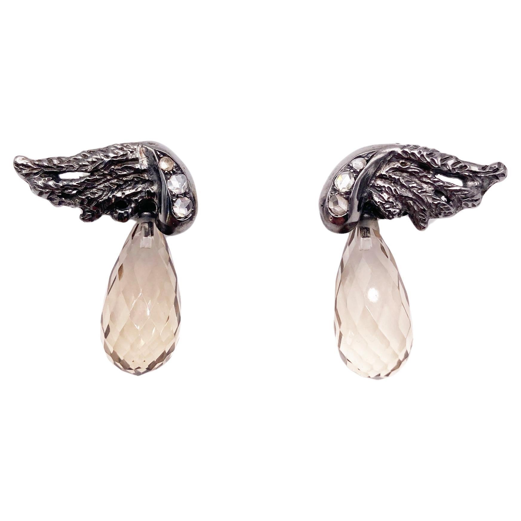 Rossella Ugolini Platinum old-cut Diamonds Smoky Quartz Detachable Drop Earrings For Sale 5