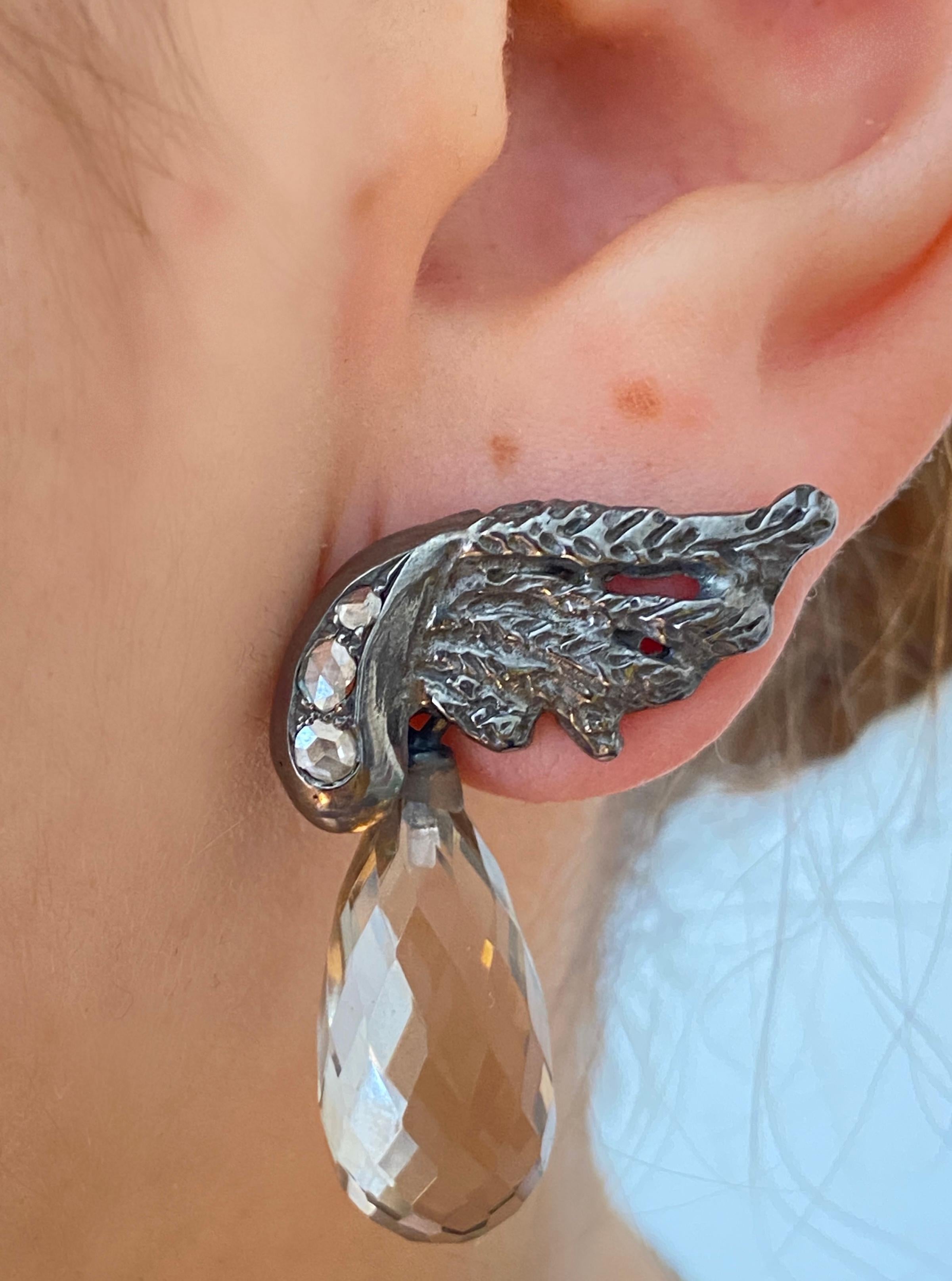 Rossella Ugolini Platin Altschliff Diamanten Rauchquarz-Tropfen-Ohrringe mit abnehmbaren Tropfen (Art nouveau) im Angebot