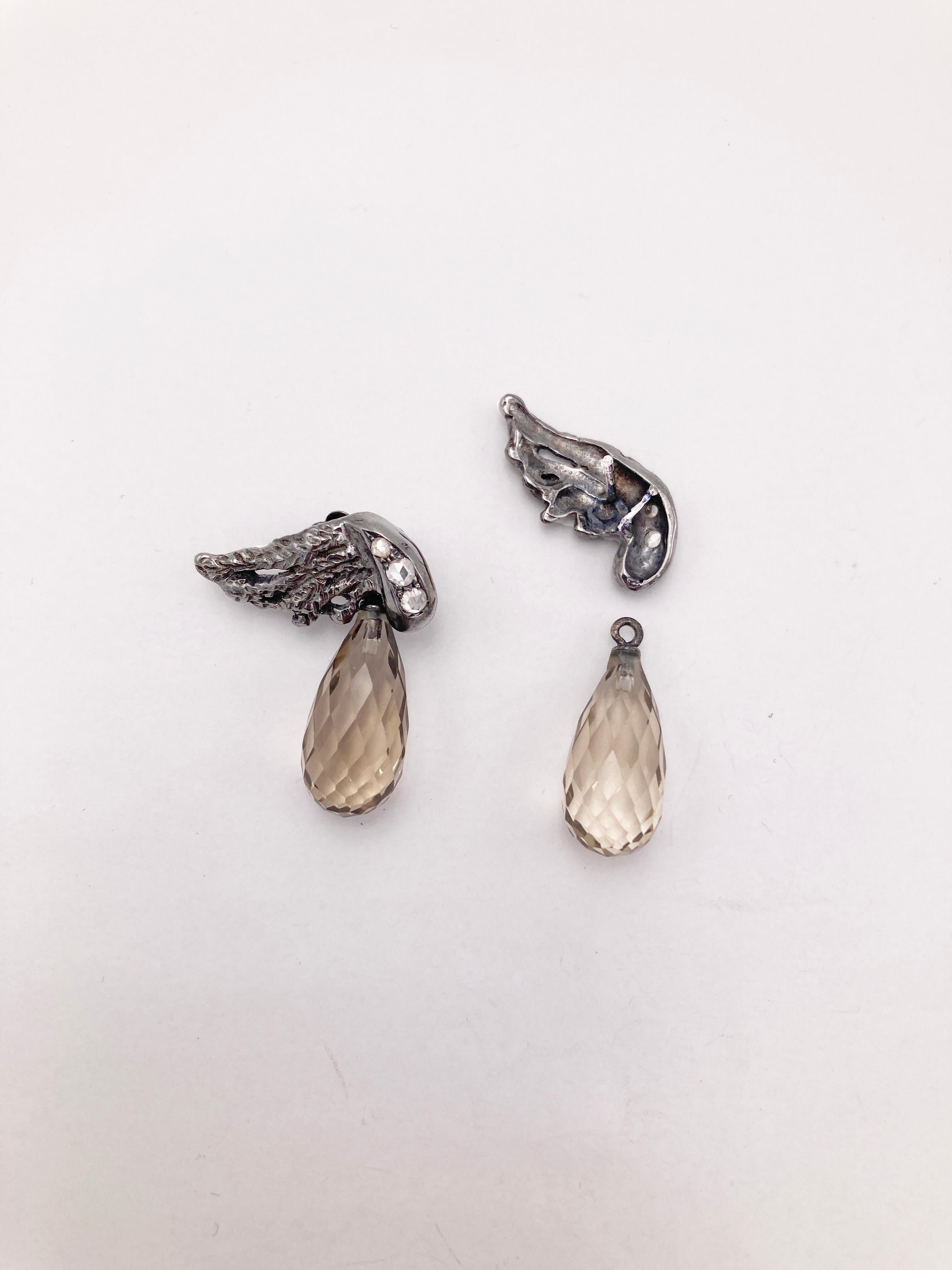 Old European Cut Rossella Ugolini Platinum old-cut Diamonds Smoky Quartz Detachable Drop Earrings For Sale
