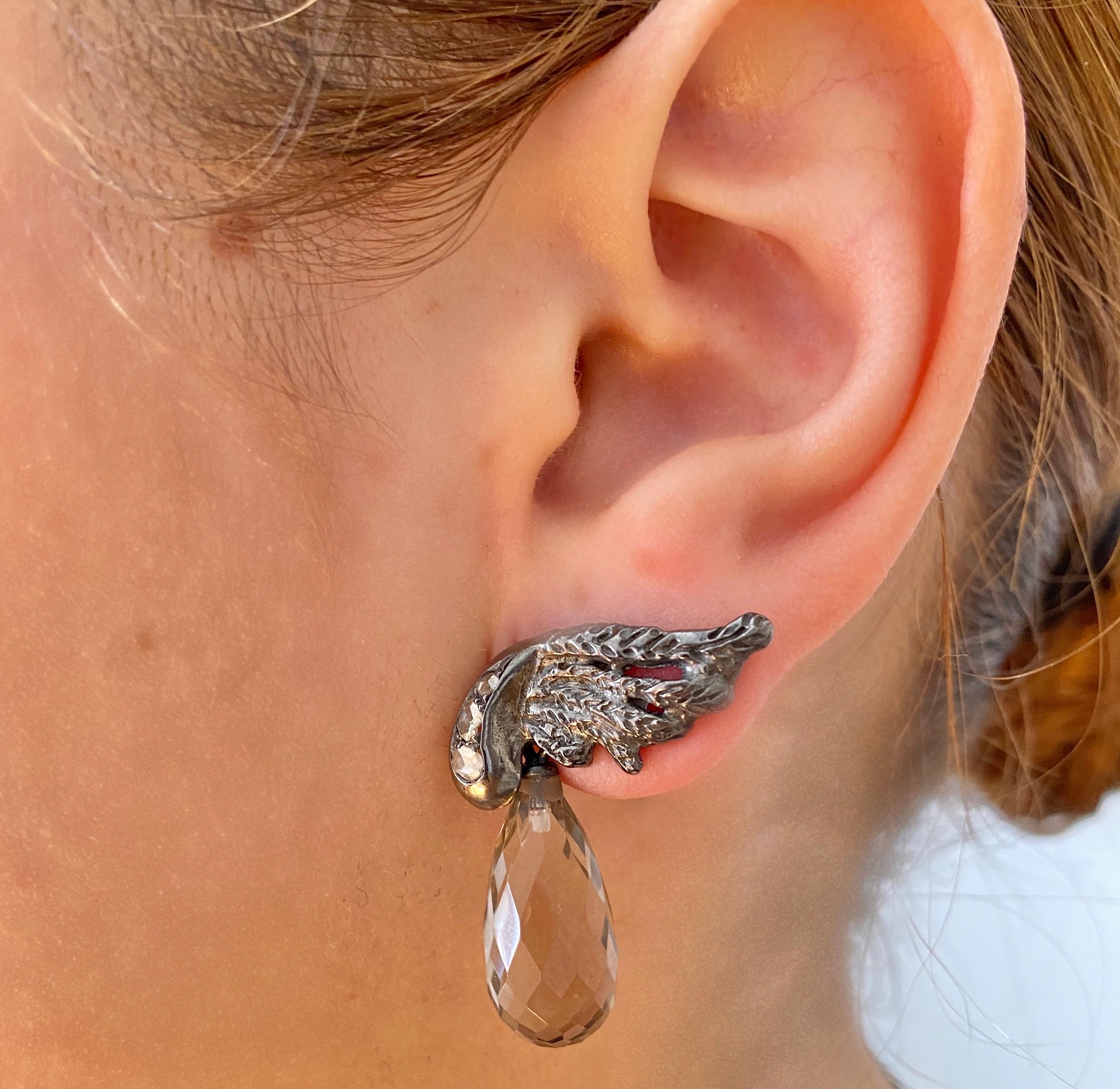Rossella Ugolini Platin Altschliff Diamanten Rauchquarz-Tropfen-Ohrringe mit abnehmbaren Tropfen für Damen oder Herren im Angebot