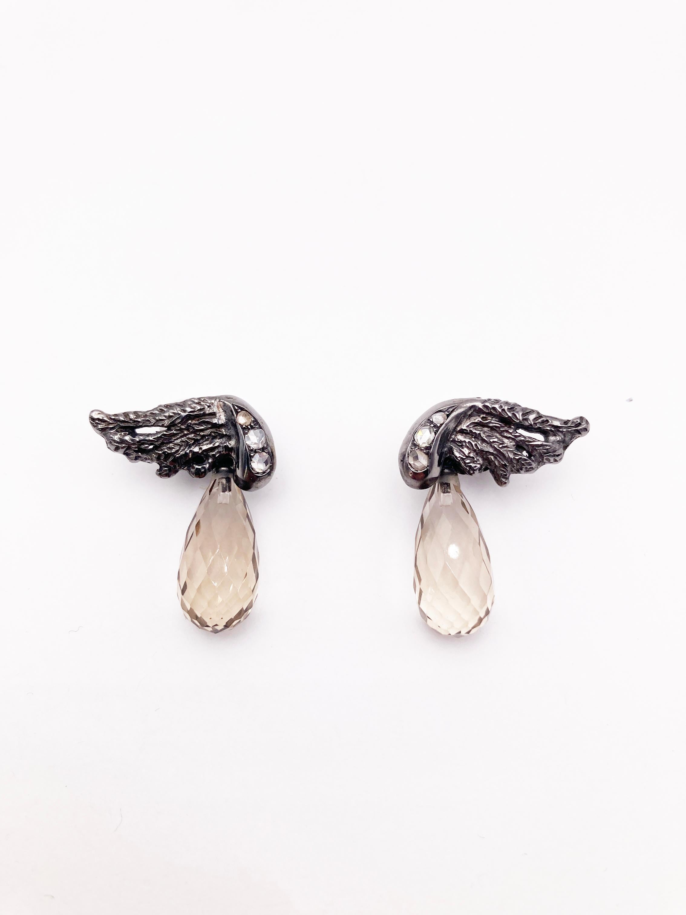 Rossella Ugolini Platinum old-cut Diamonds Smoky Quartz Detachable Drop Earrings For Sale 1