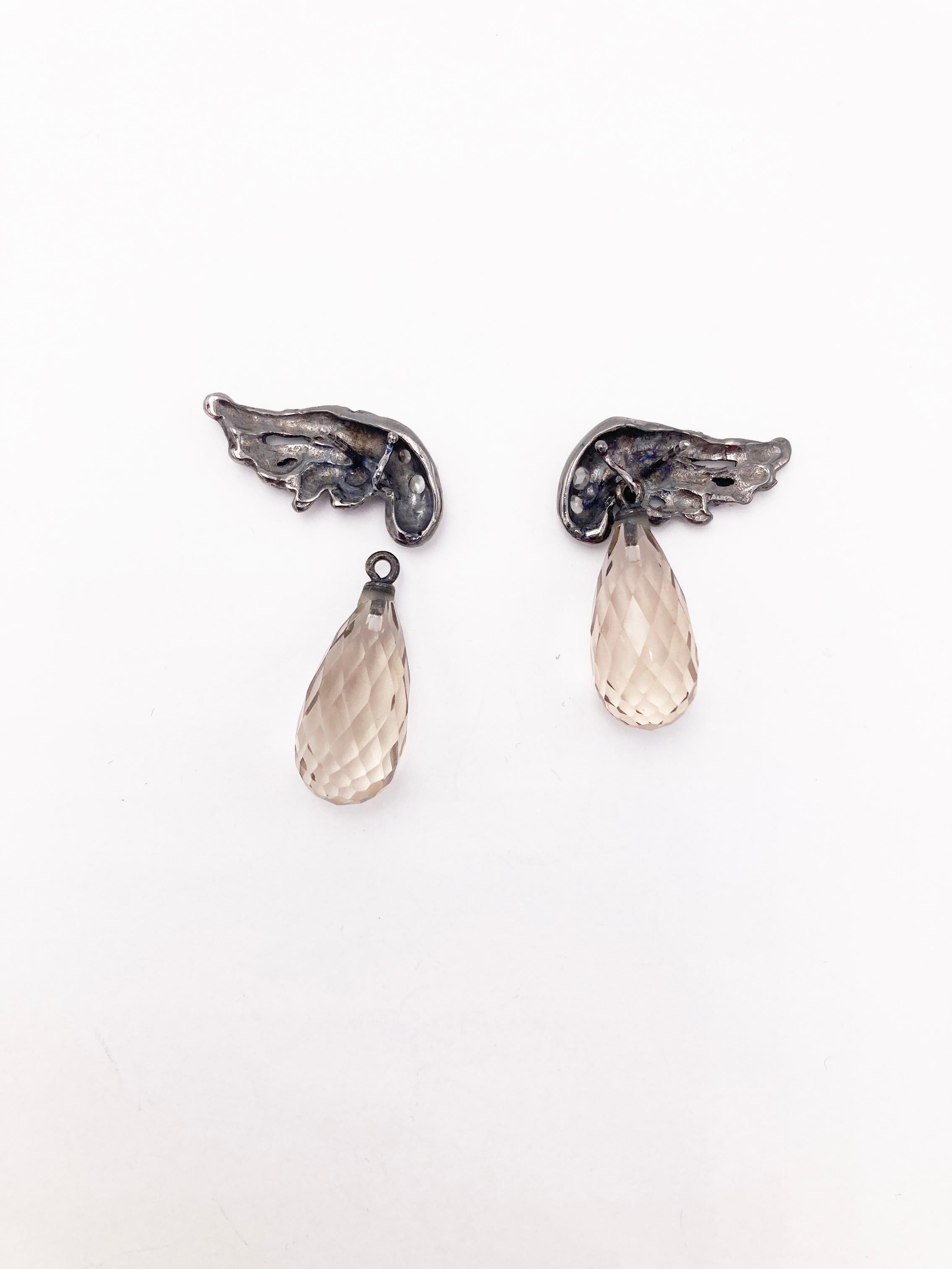 Rossella Ugolini Platinum old-cut Diamonds Smoky Quartz Detachable Drop Earrings For Sale 2