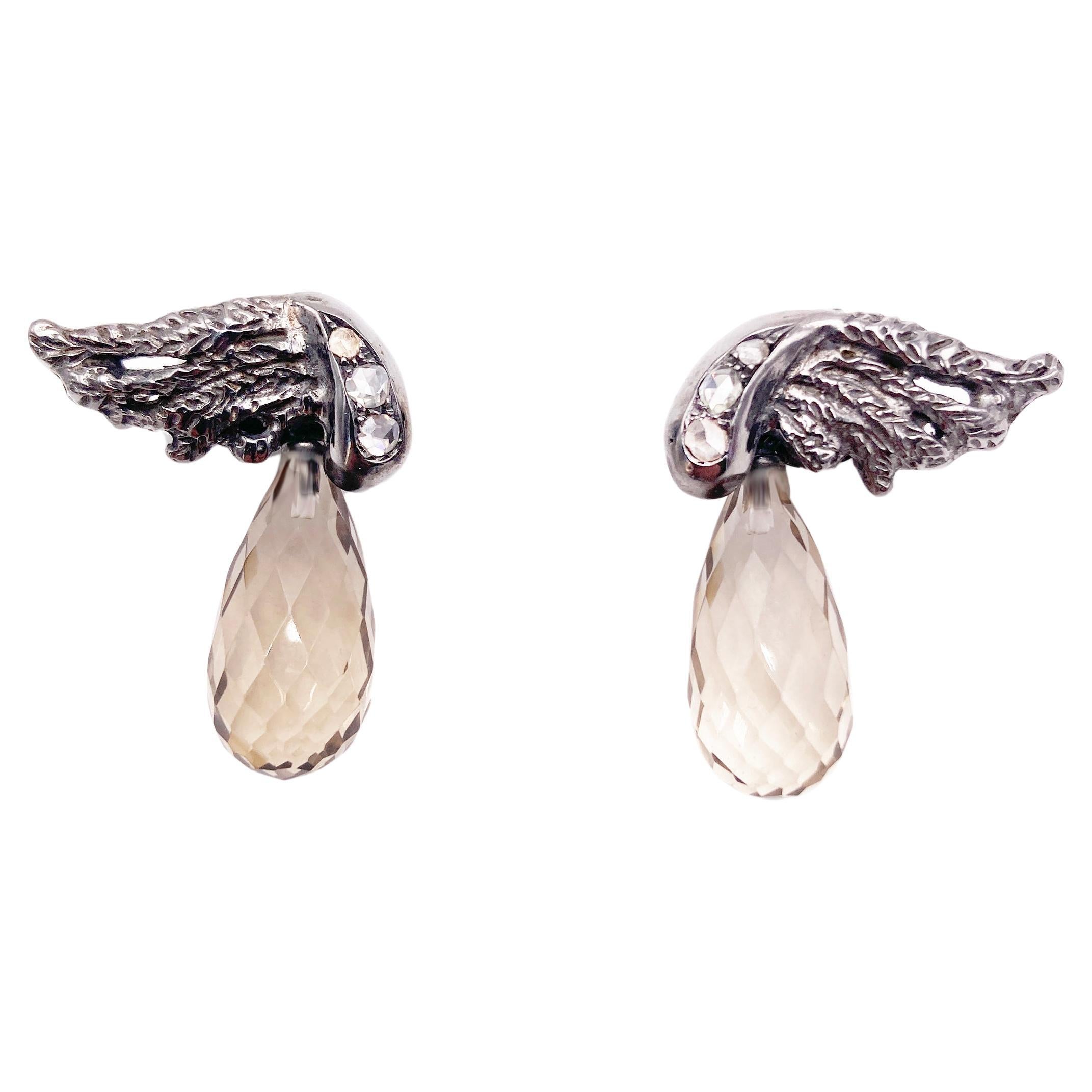 Rossella Ugolini Platinum old-cut Diamonds Smoky Quartz Detachable Drop Earrings For Sale