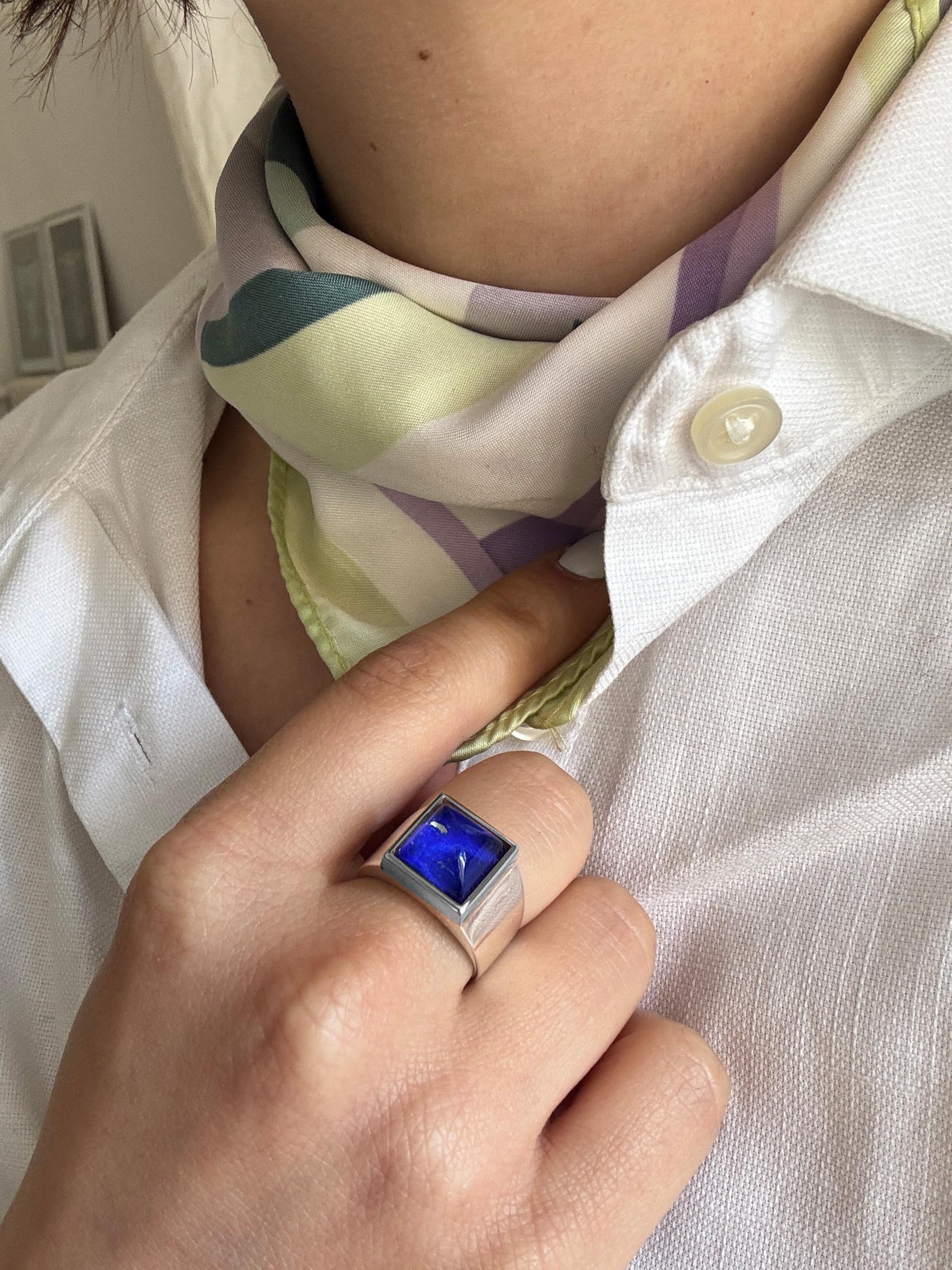 Rossella Ugolini Platinum Sugarloaf Cabochon Lapis Lazuli Man Signet Ring. Available any size on order. This bold and refined design is part of the Castle Collection, inspired by the architectural plans of historic Italian castles. At the center of
