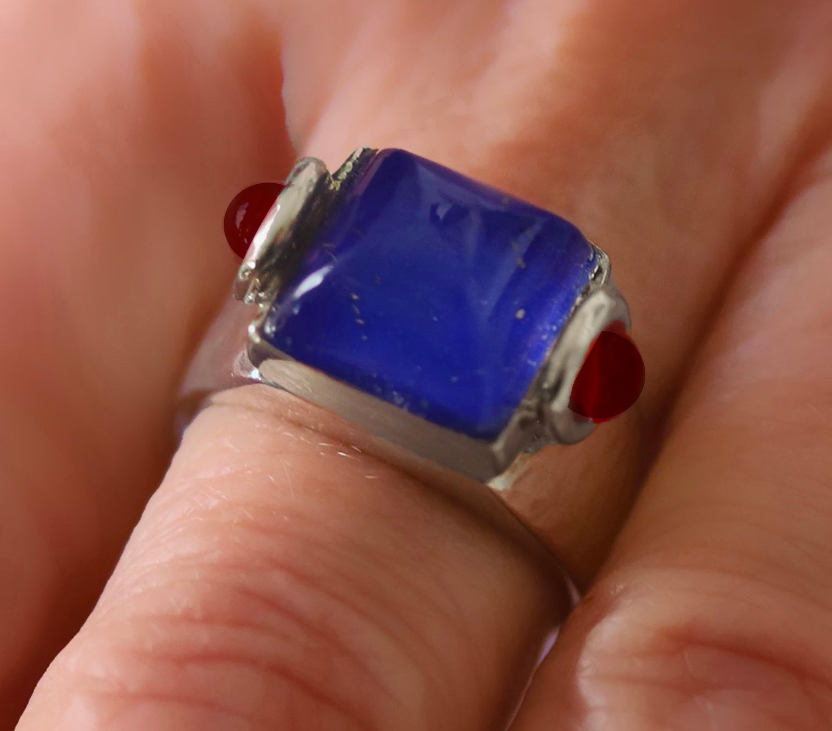 Artisan Rossella Ugolini Platinum Sugarloaf Cabochon Lapis Lazuli Rubies Man Ring For Sale