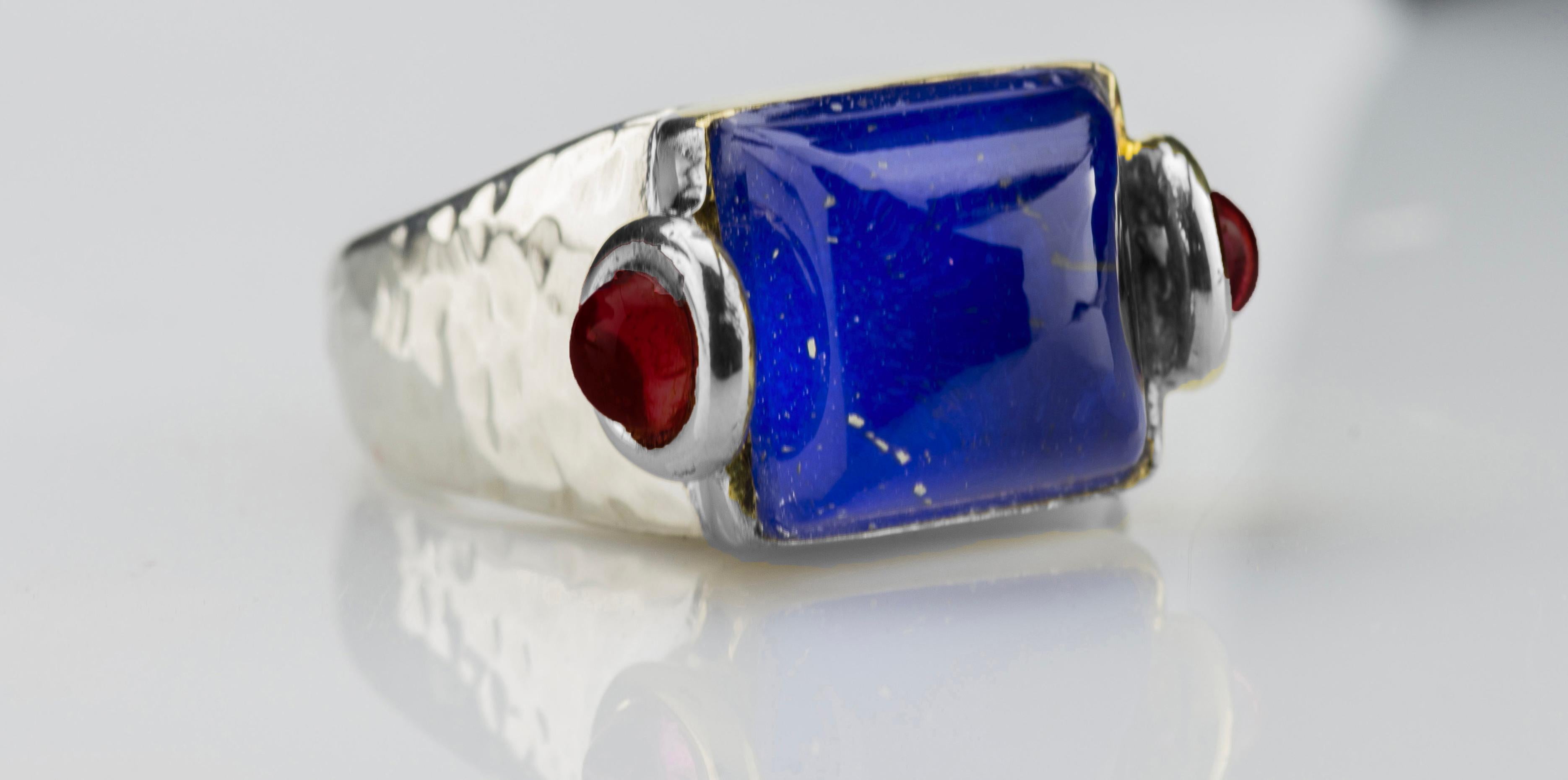 Men's Rossella Ugolini Platinum Sugarloaf Cabochon Lapis Lazuli Rubies Man Ring For Sale