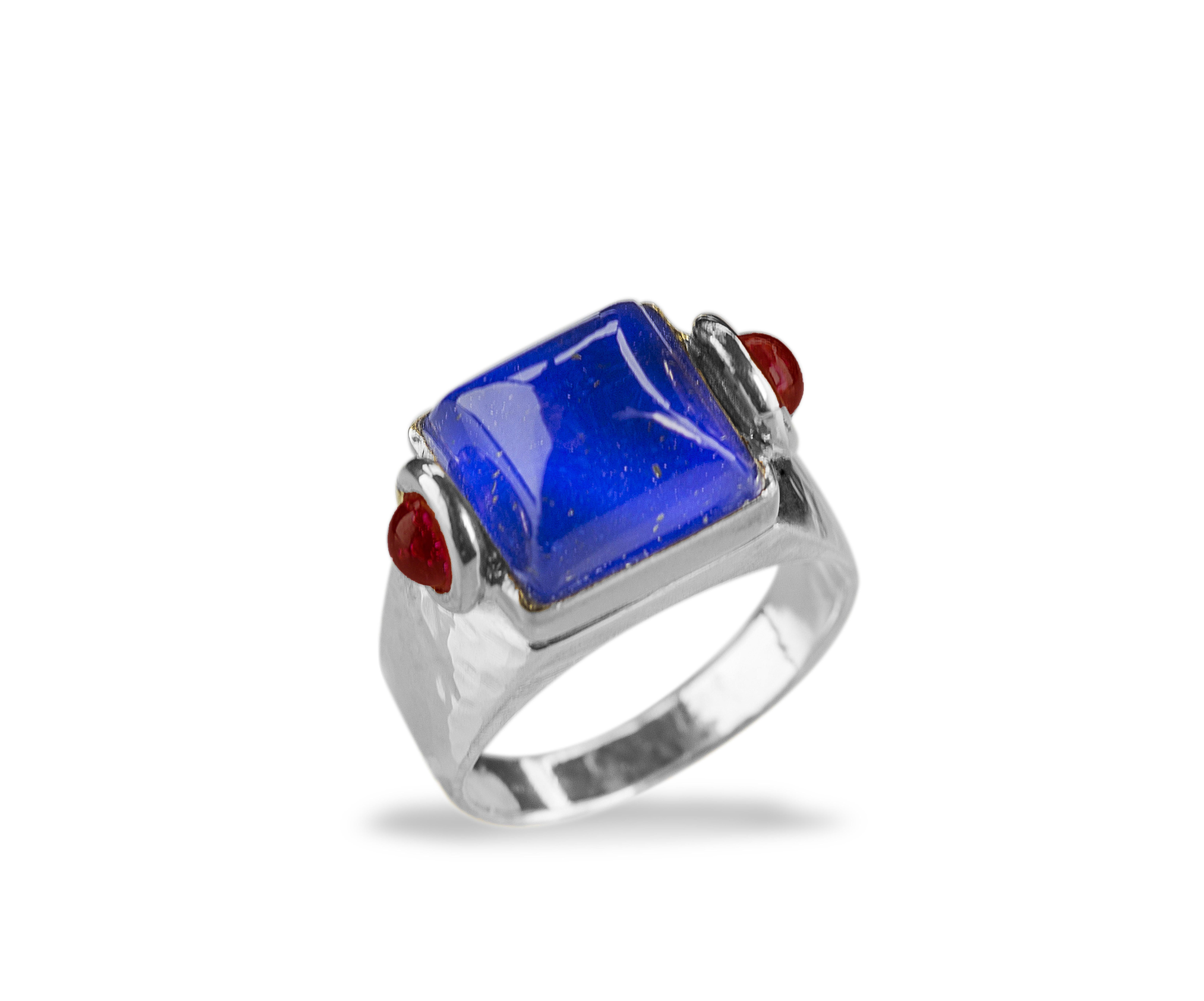 Rossella Ugolini Platinum Sugarloaf Cabochon Lapis Lazuli Rubies Man Ring For Sale 1