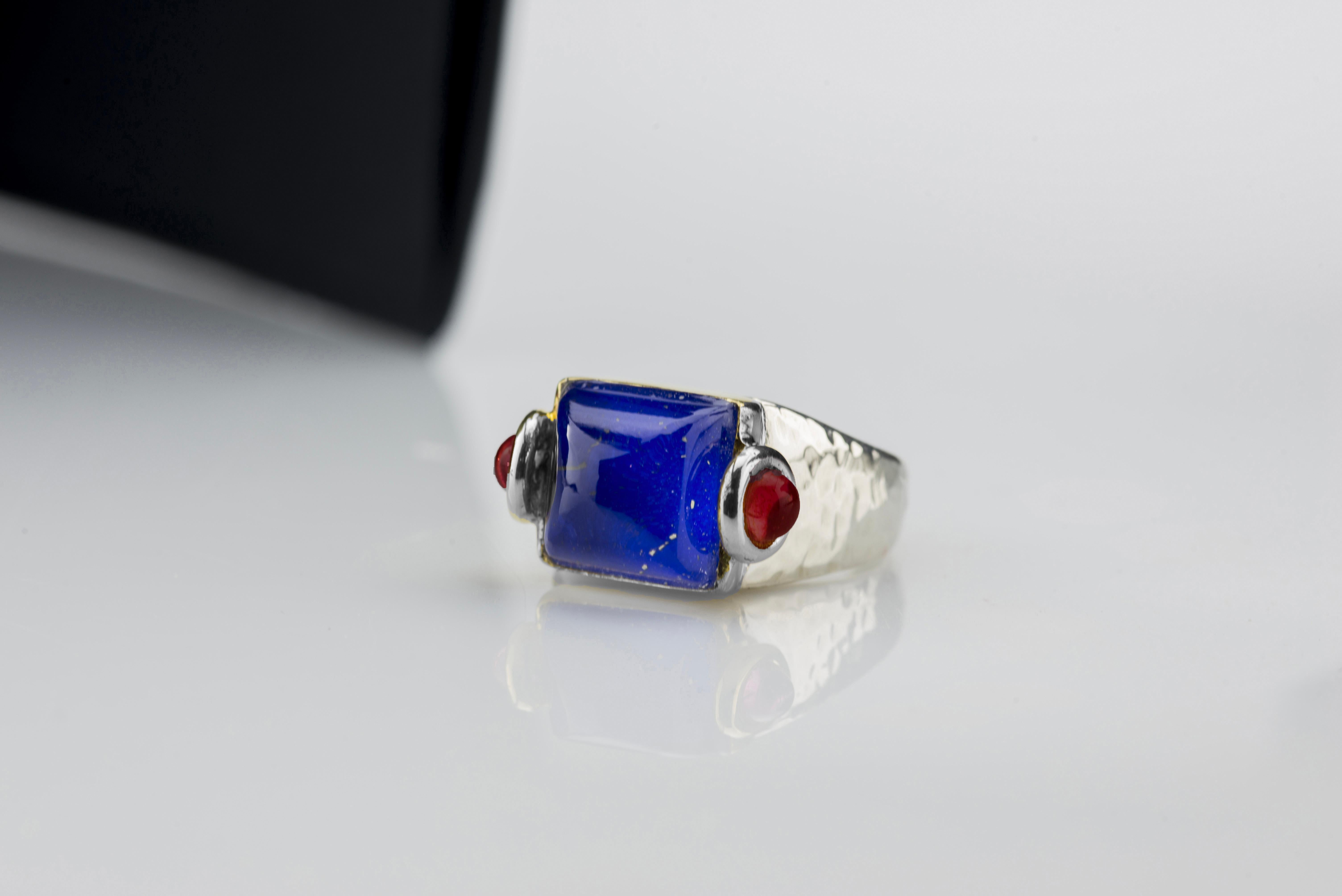 Rossella Ugolini Platinum Sugarloaf Cabochon Lapis Lazuli Rubies Man Ring For Sale 3
