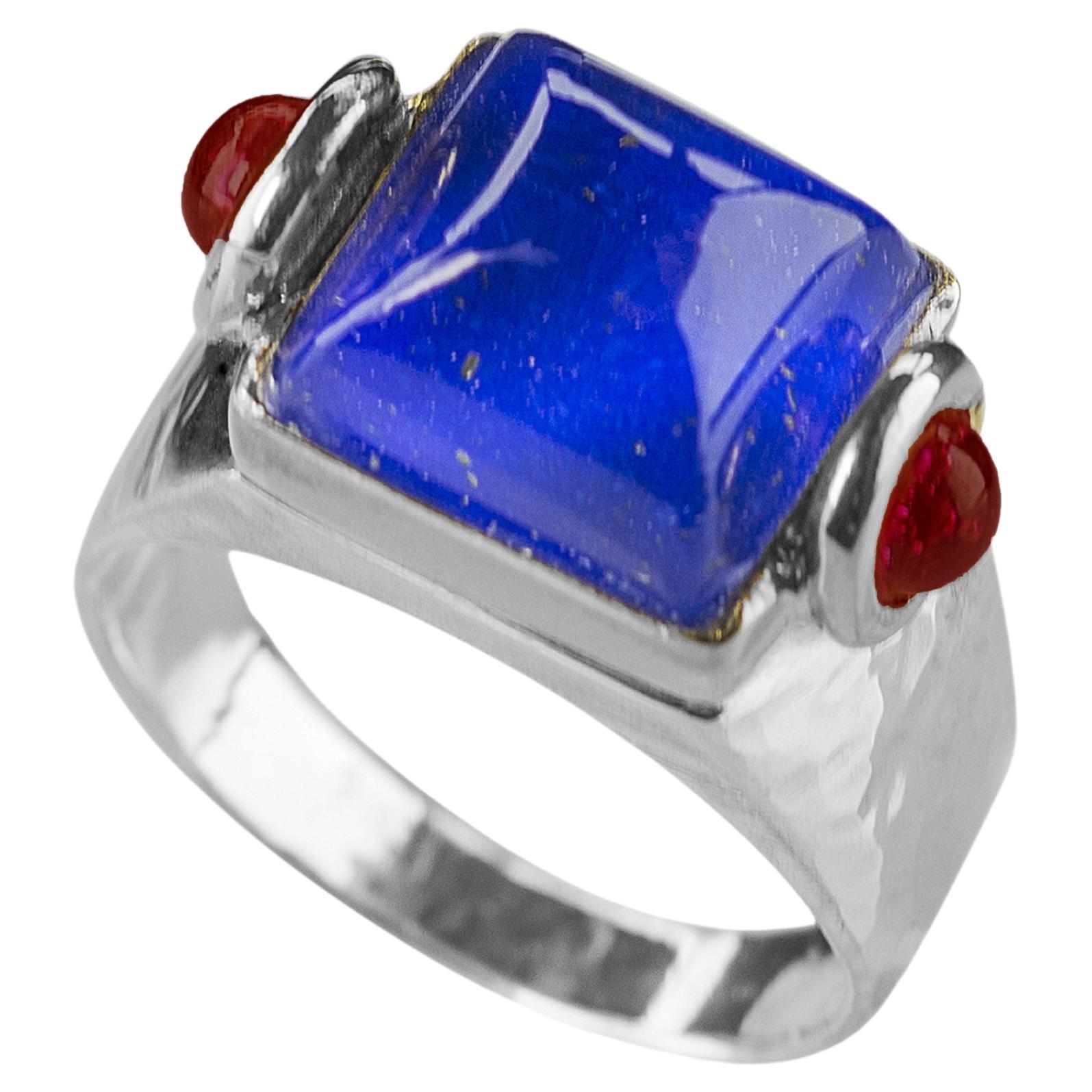 Rossella Ugolini Platinum Sugarloaf Cabochon Lapis Lazuli Rubies Man Ring For Sale