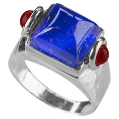 Rossella Ugolini Platinum Sugarloaf Cabochon Lapis Lazuli Rubies Man Ring