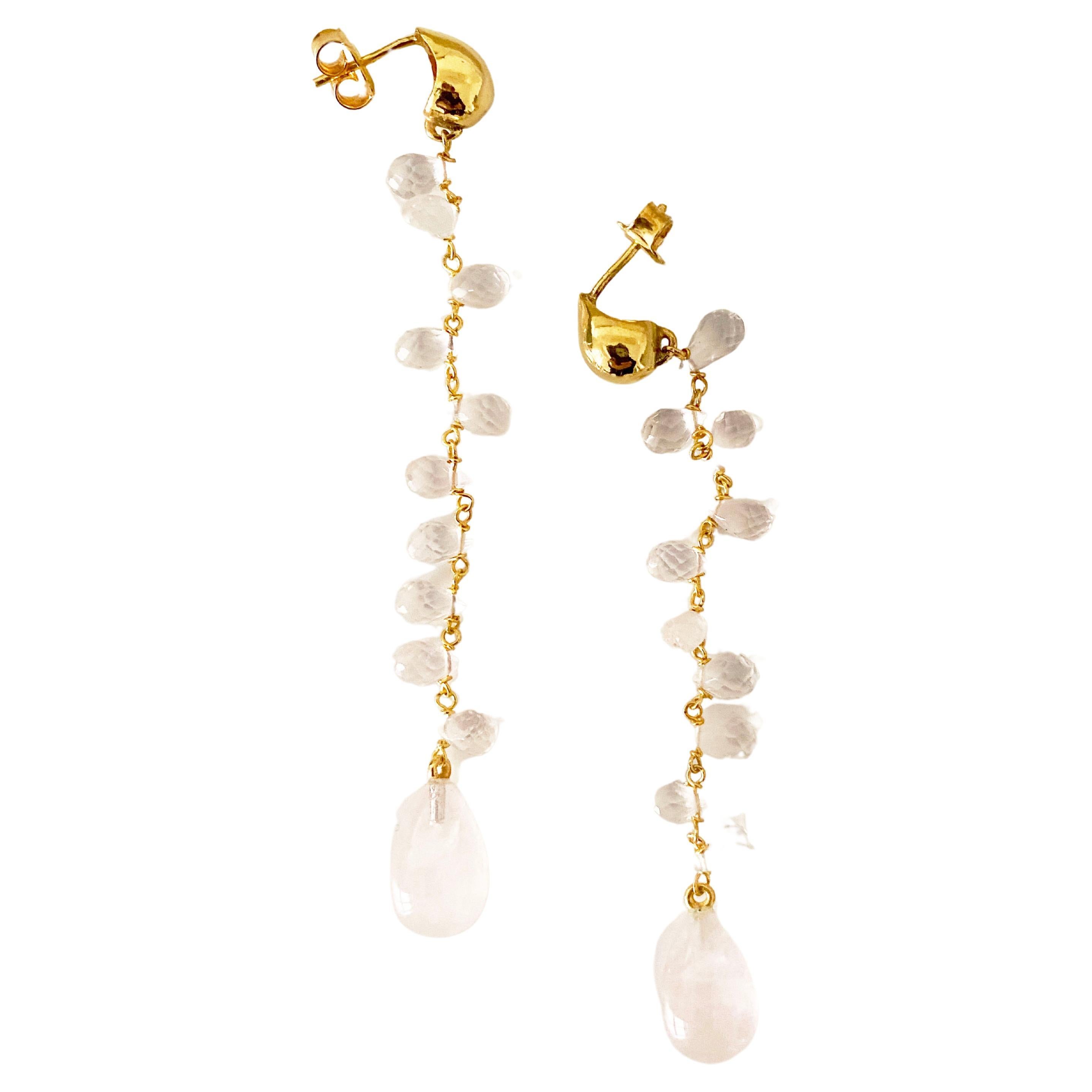 Rossella Ugolini Rose Quartz 18K Yellow Gold Delicate Unique Jointed Earrings For Sale