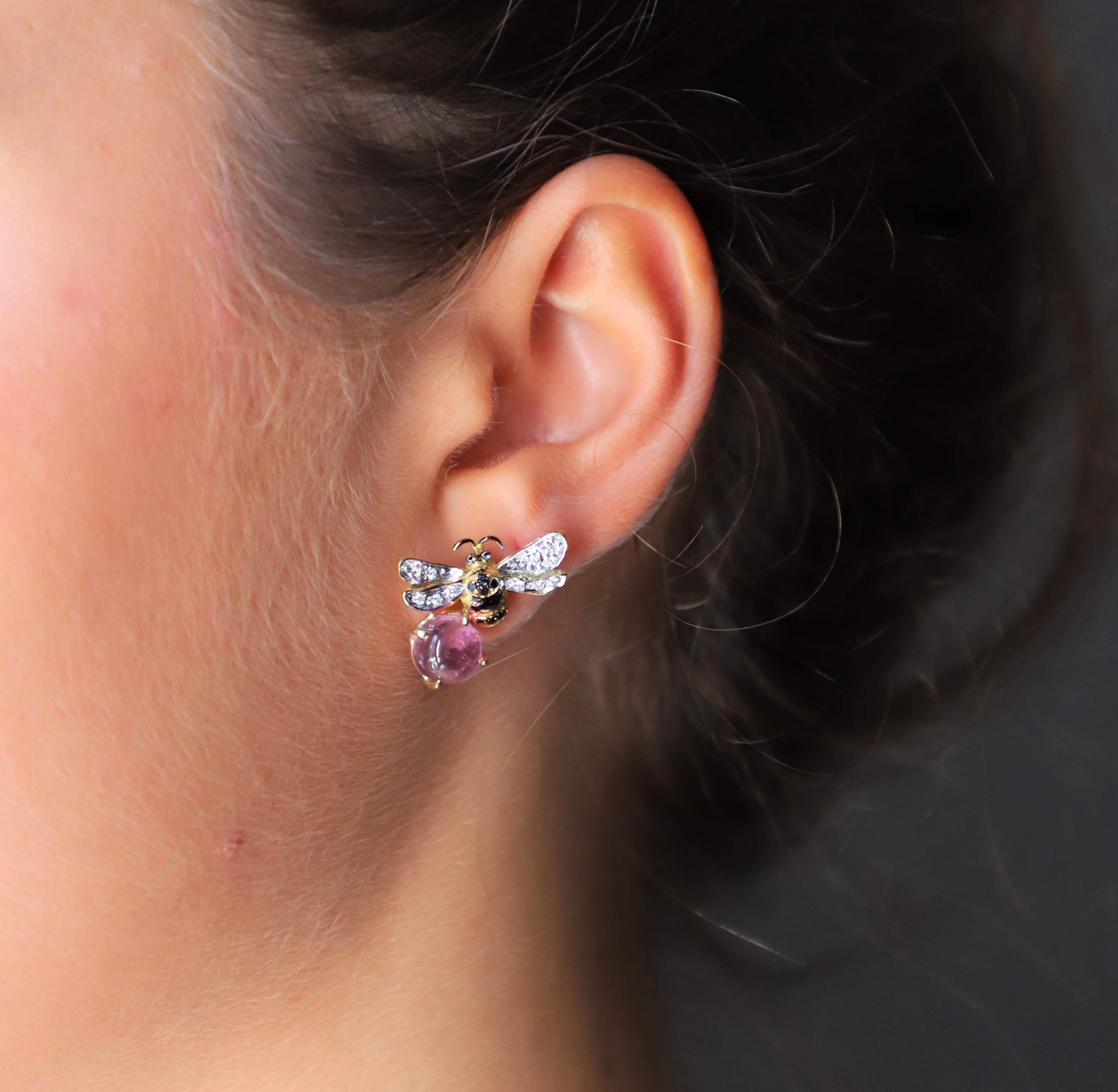 Romantic Rossella Ugolini Rose Quartz Bee 18K Gold Diamonds Handcrafted Stud Earrings For Sale