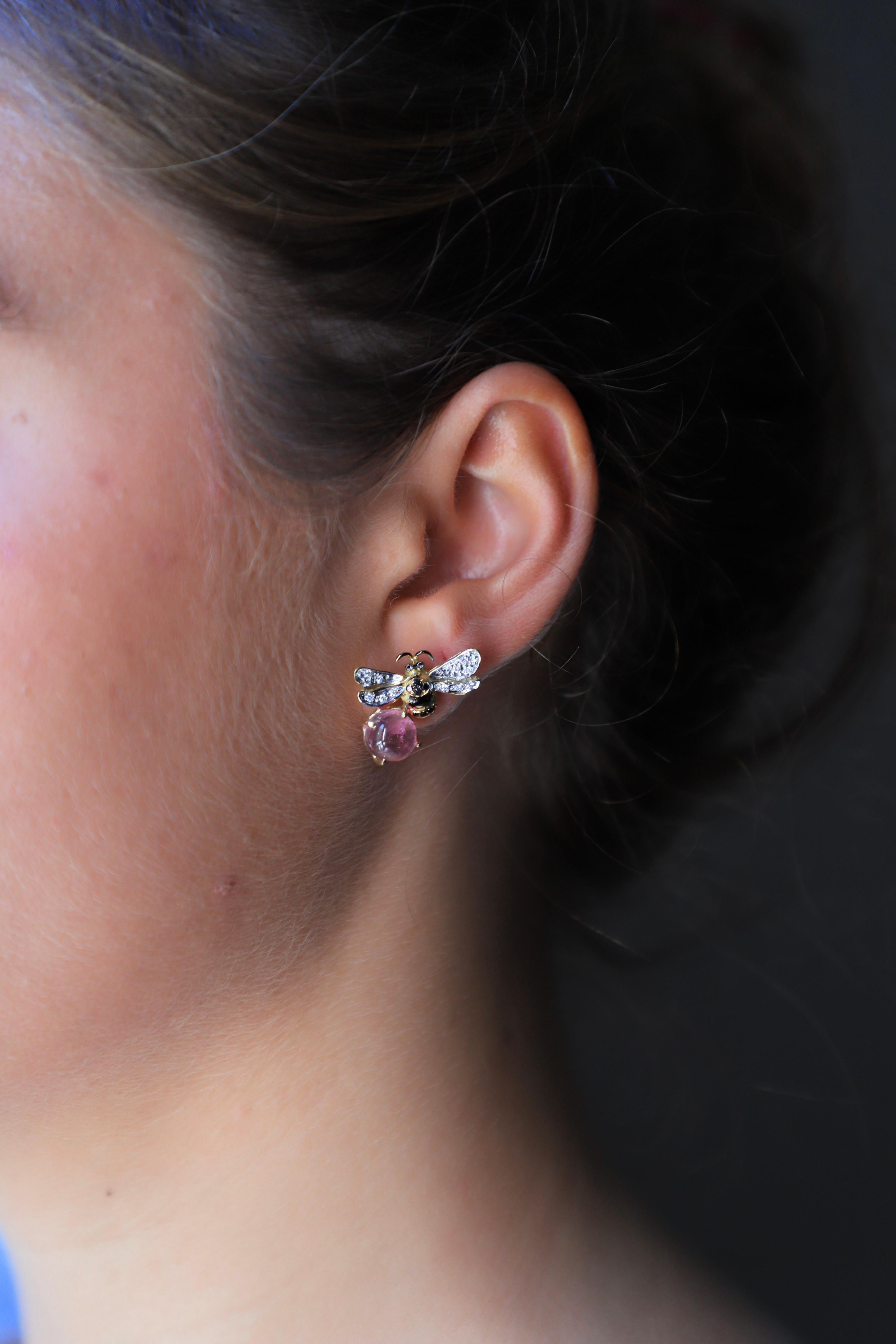 Women's or Men's Rossella Ugolini Rose Quartz Bee 18K Gold Diamonds Handcrafted Stud Earrings For Sale
