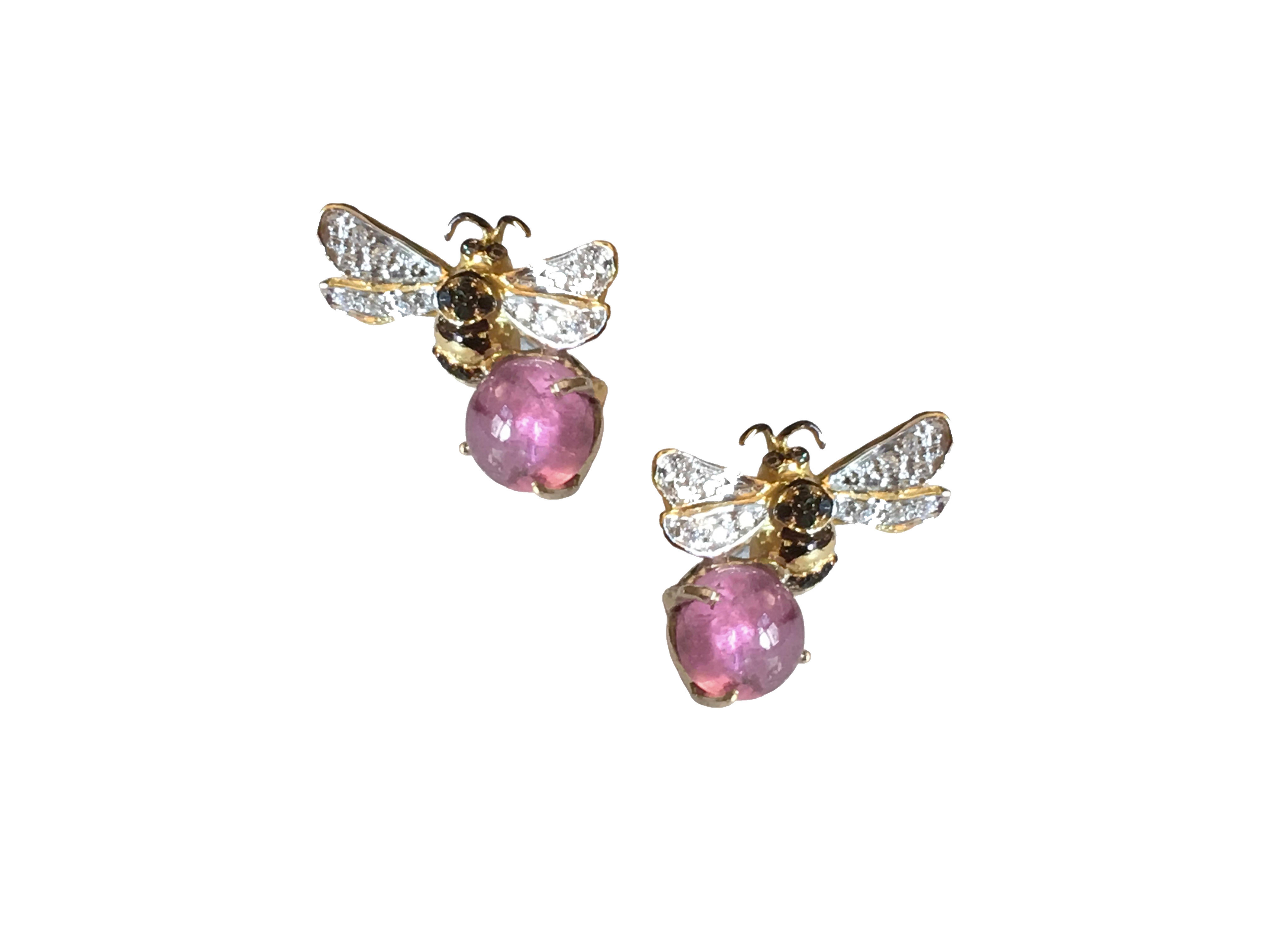 Rossella Ugolini Rose Quartz Bee 18K Gold Diamonds Handcrafted Stud Earrings For Sale 1