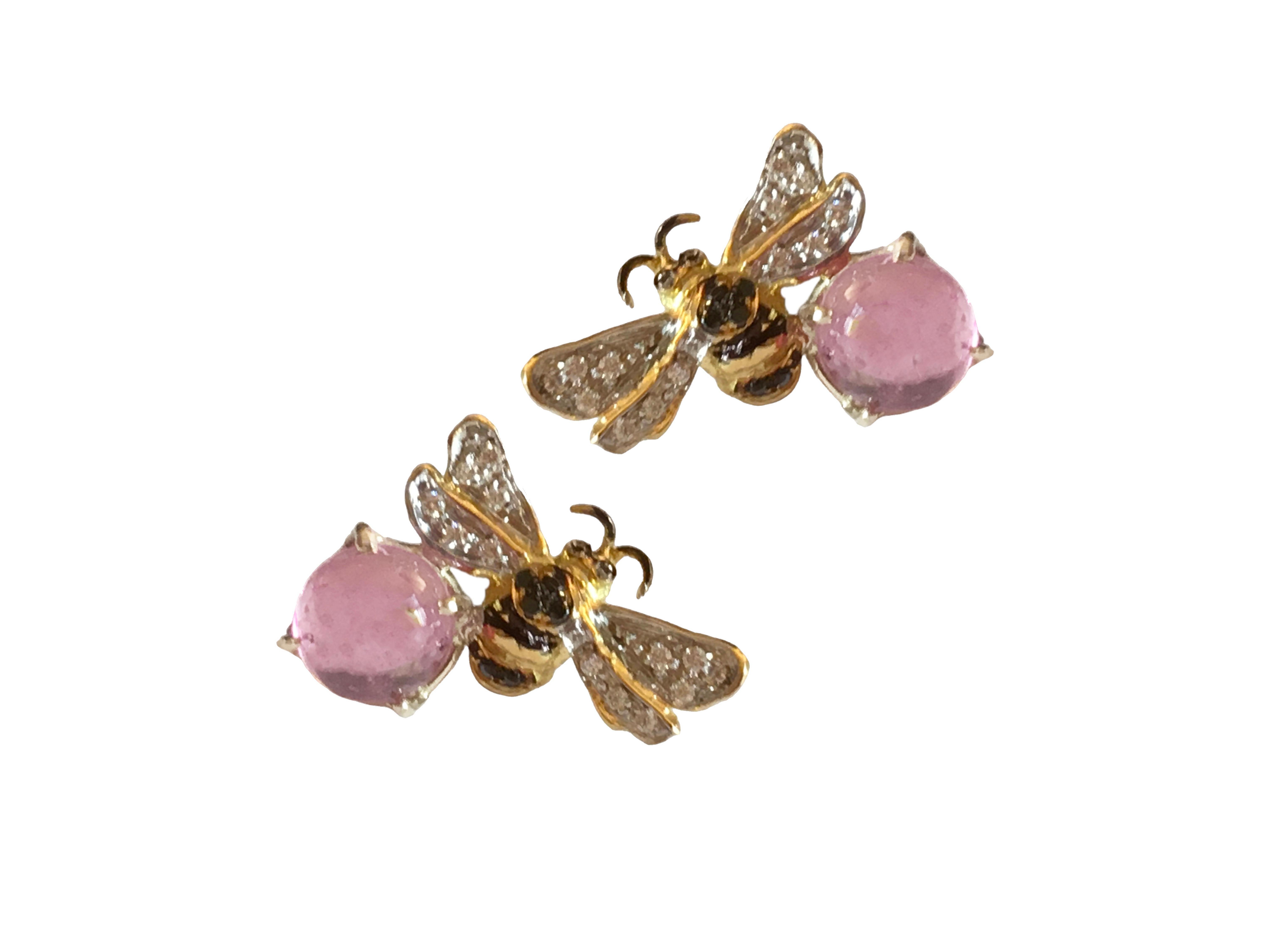 Rossella Ugolini Rose Quartz Bee 18K Gold Diamonds Handcrafted Stud Earrings For Sale 2
