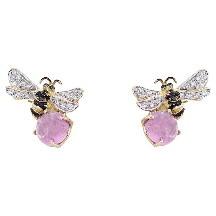 Rossella Ugolini Rose Quartz Bee 18K Gold Diamonds Handcrafted Stud Earrings For Sale