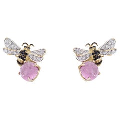 Rossella Ugolini Rose Quartz Bee 18K Gold Diamonds Handcrafted Stud Earrings