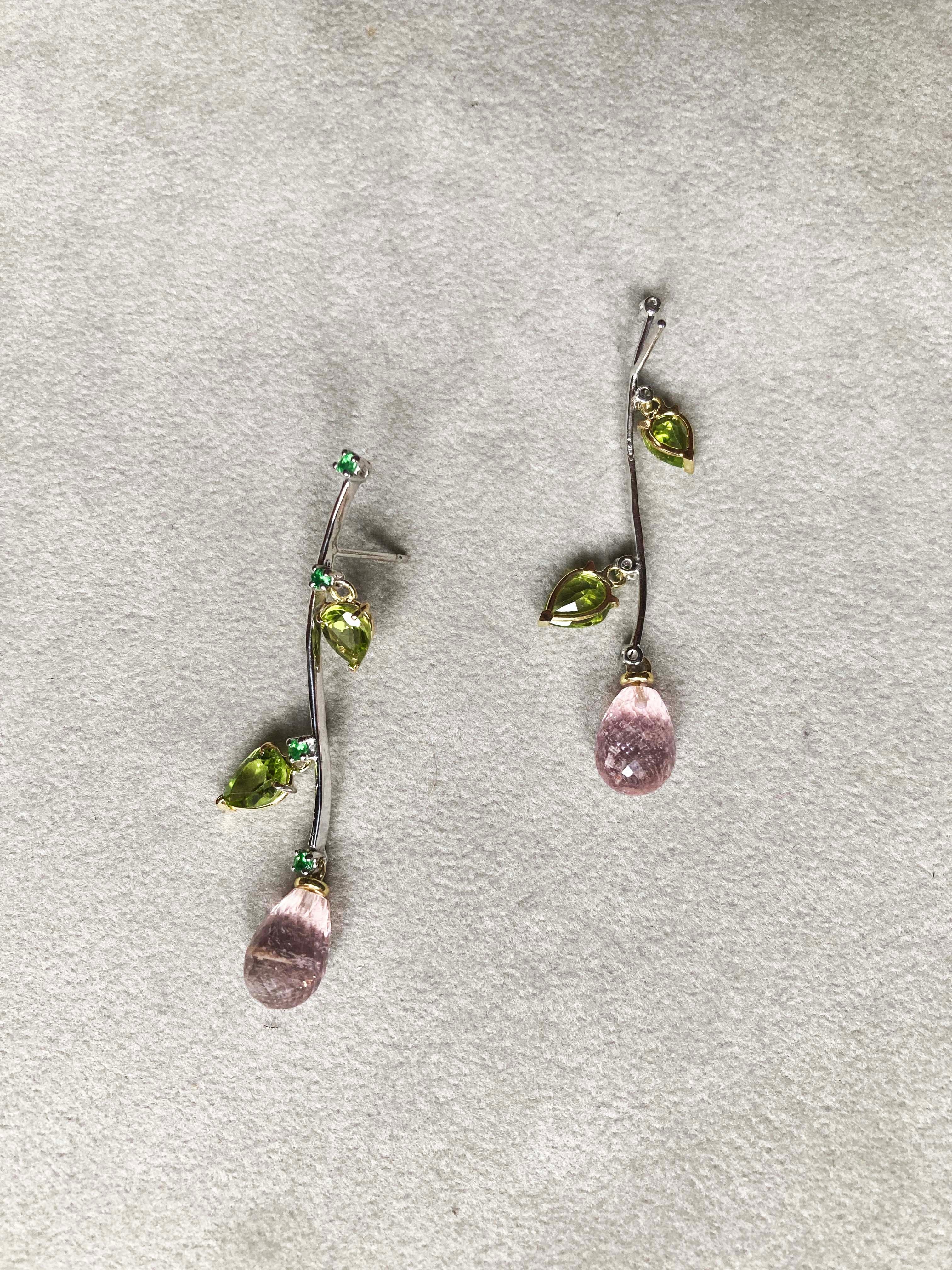 Rossella Ugolini Rose Tourmaline Peridot 18K Gold Dangle Earrings For Sale 9