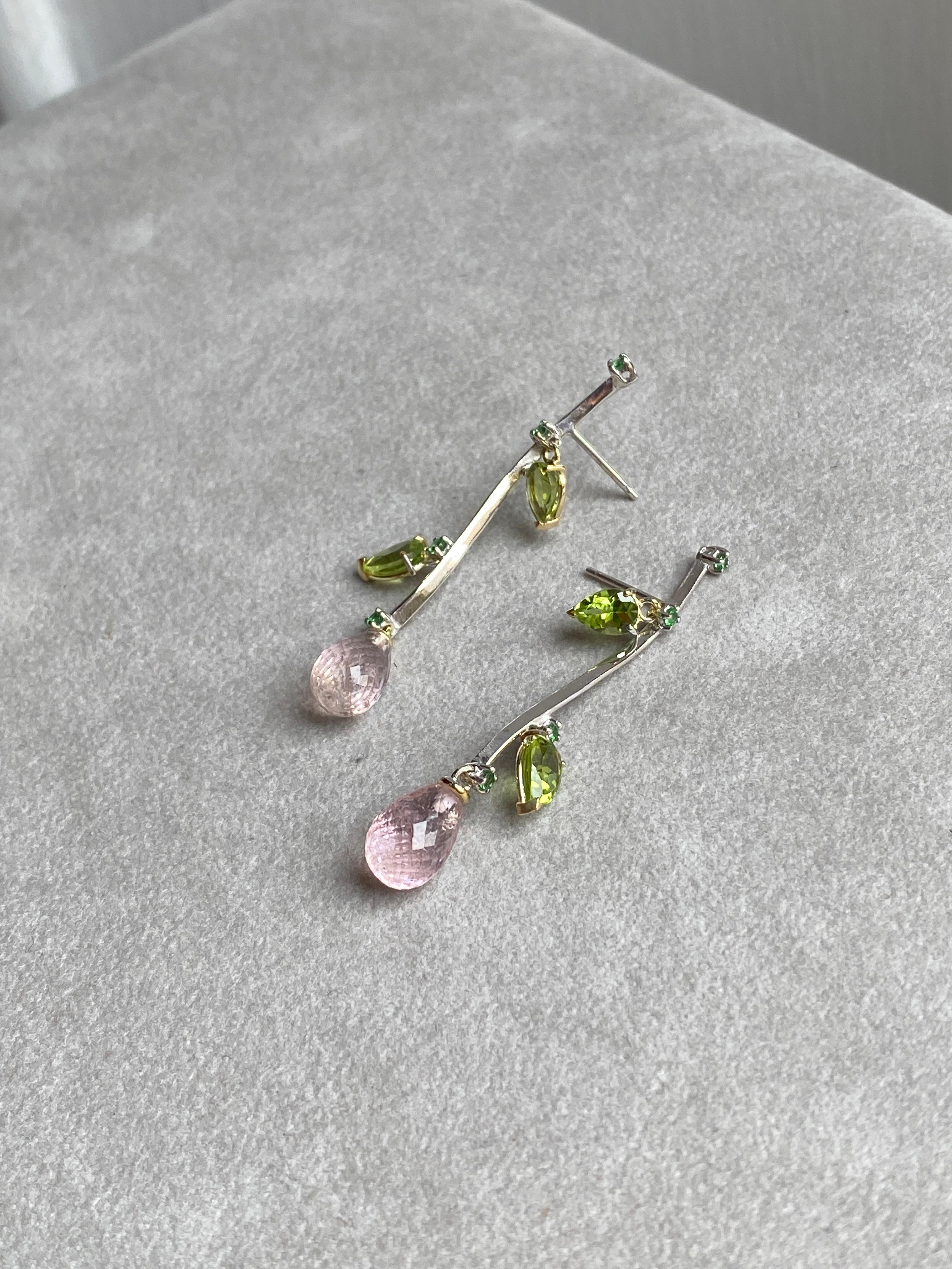 Romantic Rossella Ugolini Rose Tourmaline Peridot 18K Gold Dangle Earrings For Sale
