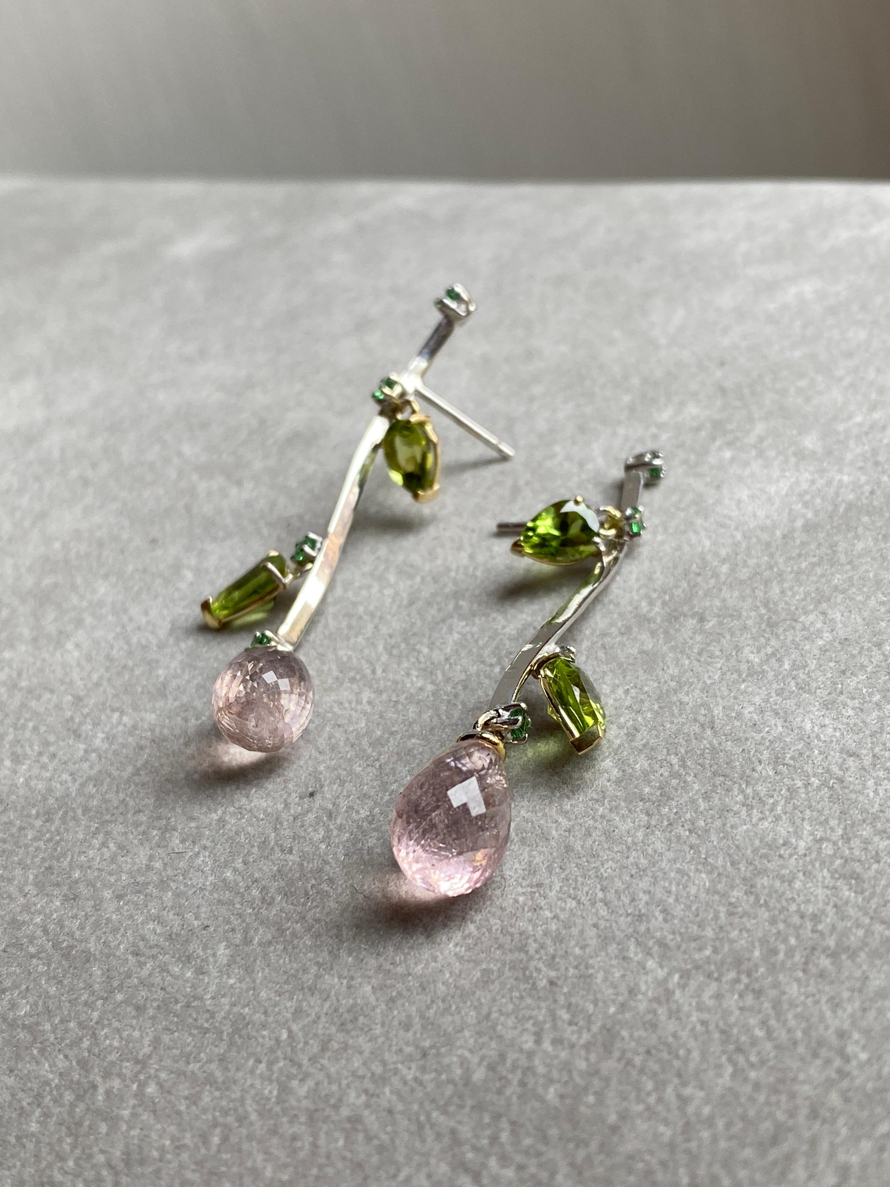 Pear Cut Rossella Ugolini Rose Tourmaline Peridot 18K Gold Dangle Earrings For Sale