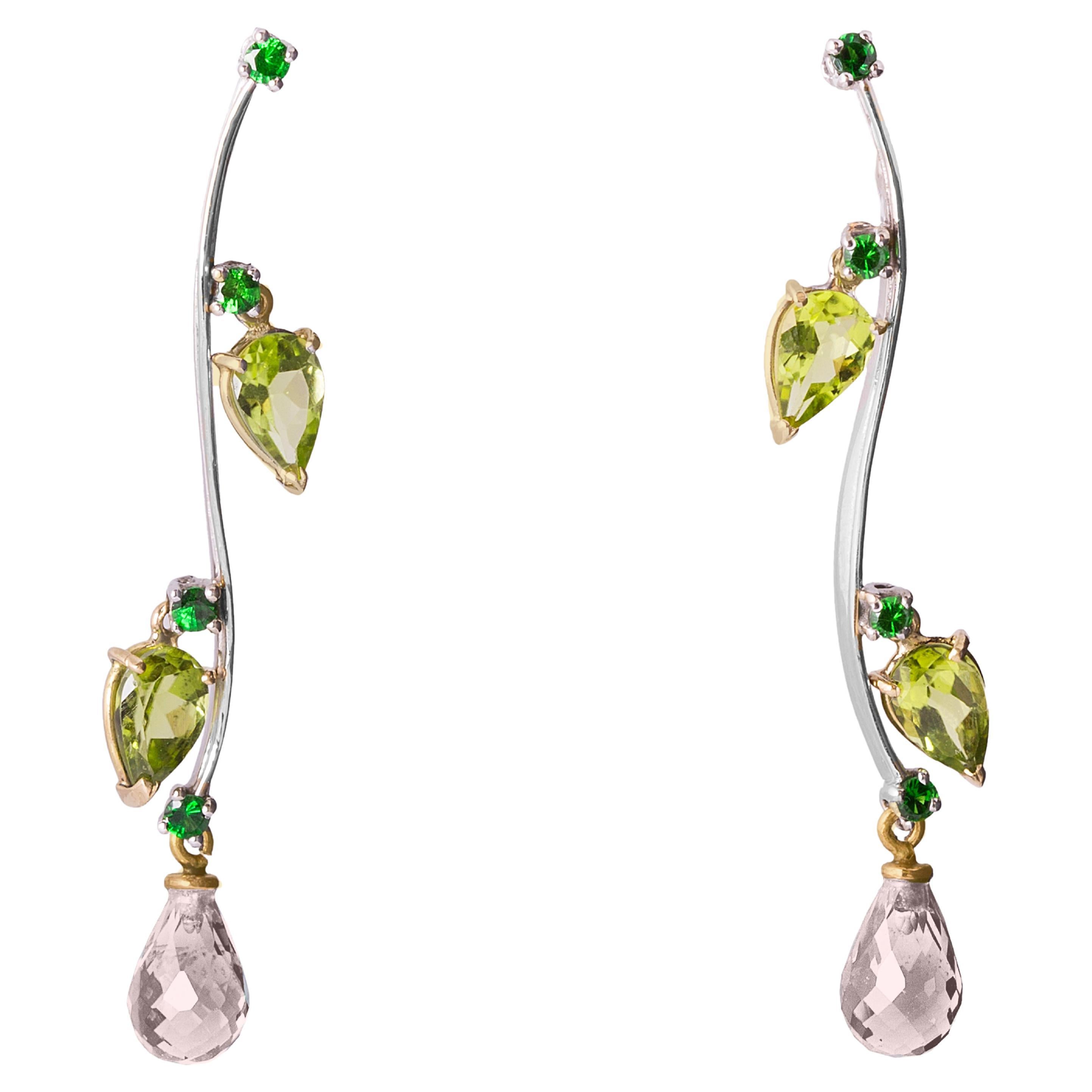 Rossella Ugolini Rose Tourmaline Peridot 18K Gold Dangle Earrings For Sale