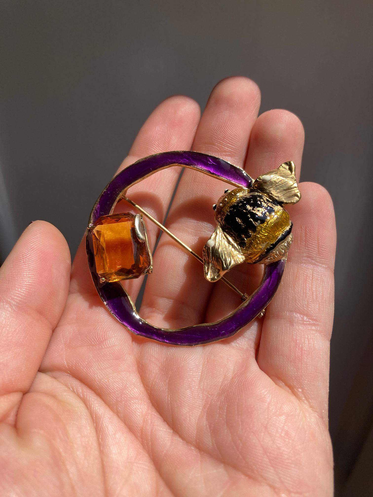 Artisan Rossella Ugolini Silver &Bronze 24k Gold-plated Citrine Bumblebee enamel Brooch For Sale