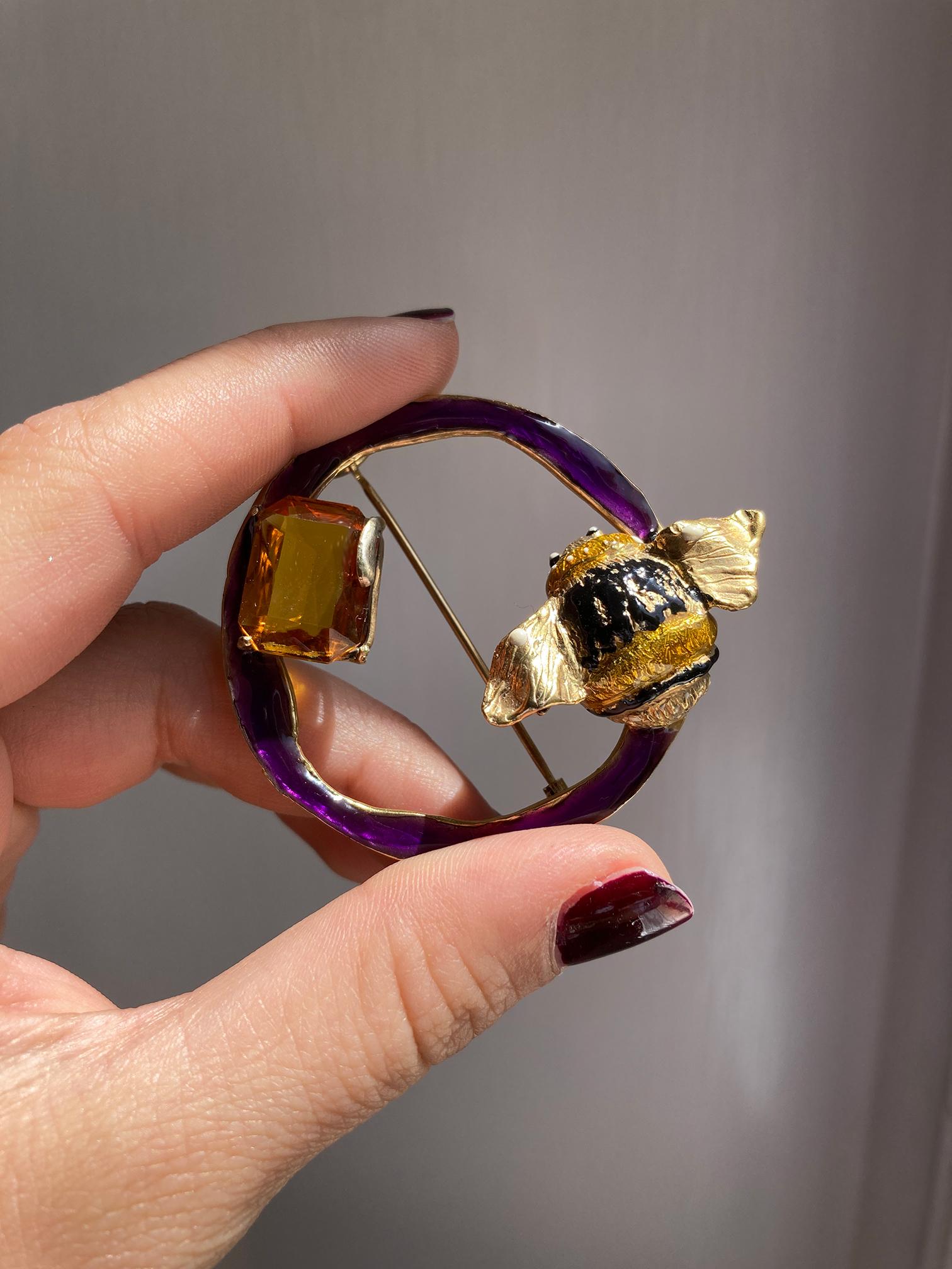 Emerald Cut Rossella Ugolini Silver &Bronze 24k Gold-plated Citrine Bumblebee enamel Brooch For Sale