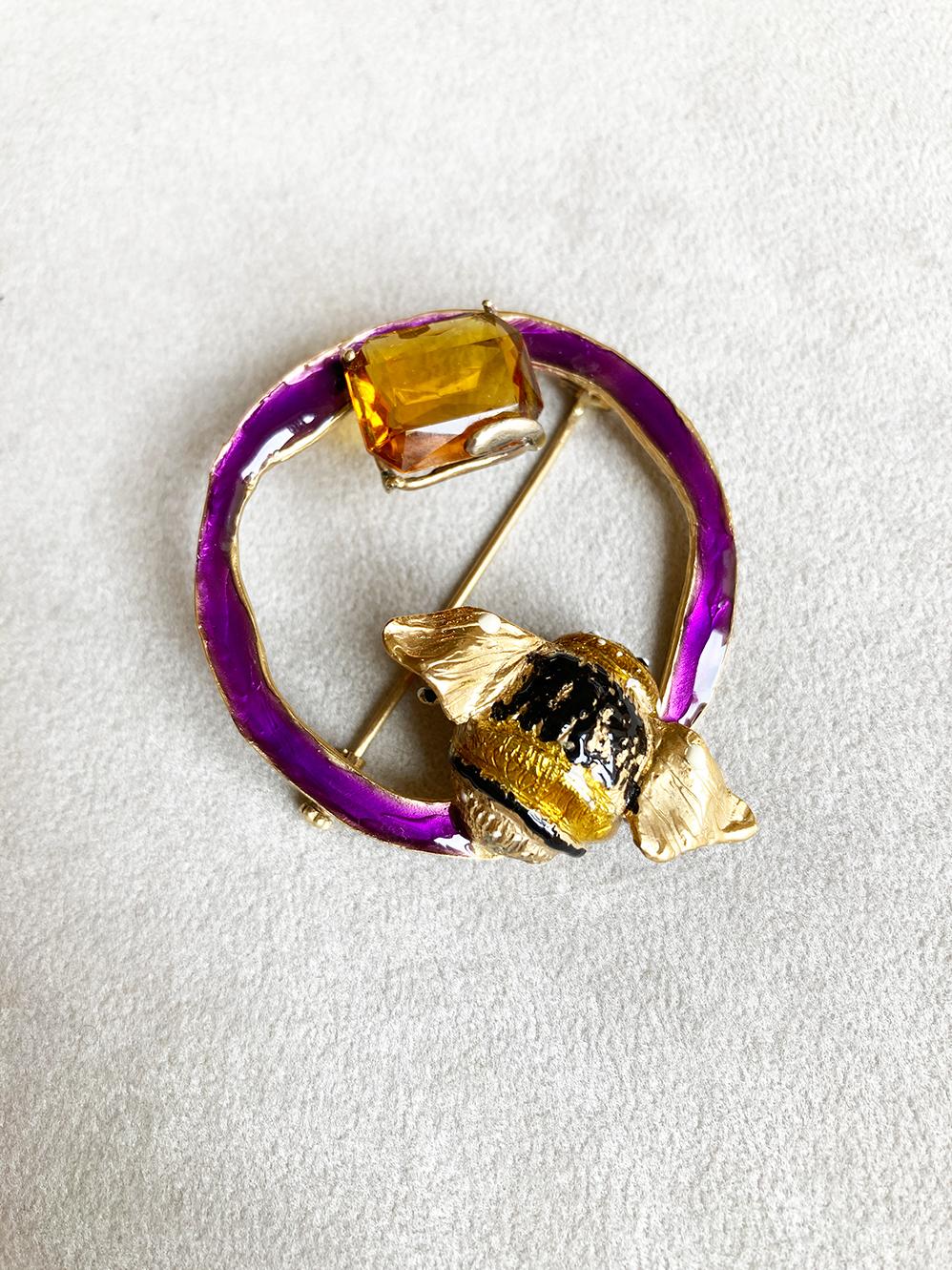 Rossella Ugolini Silver &Bronze 24k Gold-plated Citrine Bumblebee enamel Brooch In New Condition For Sale In Rome, IT