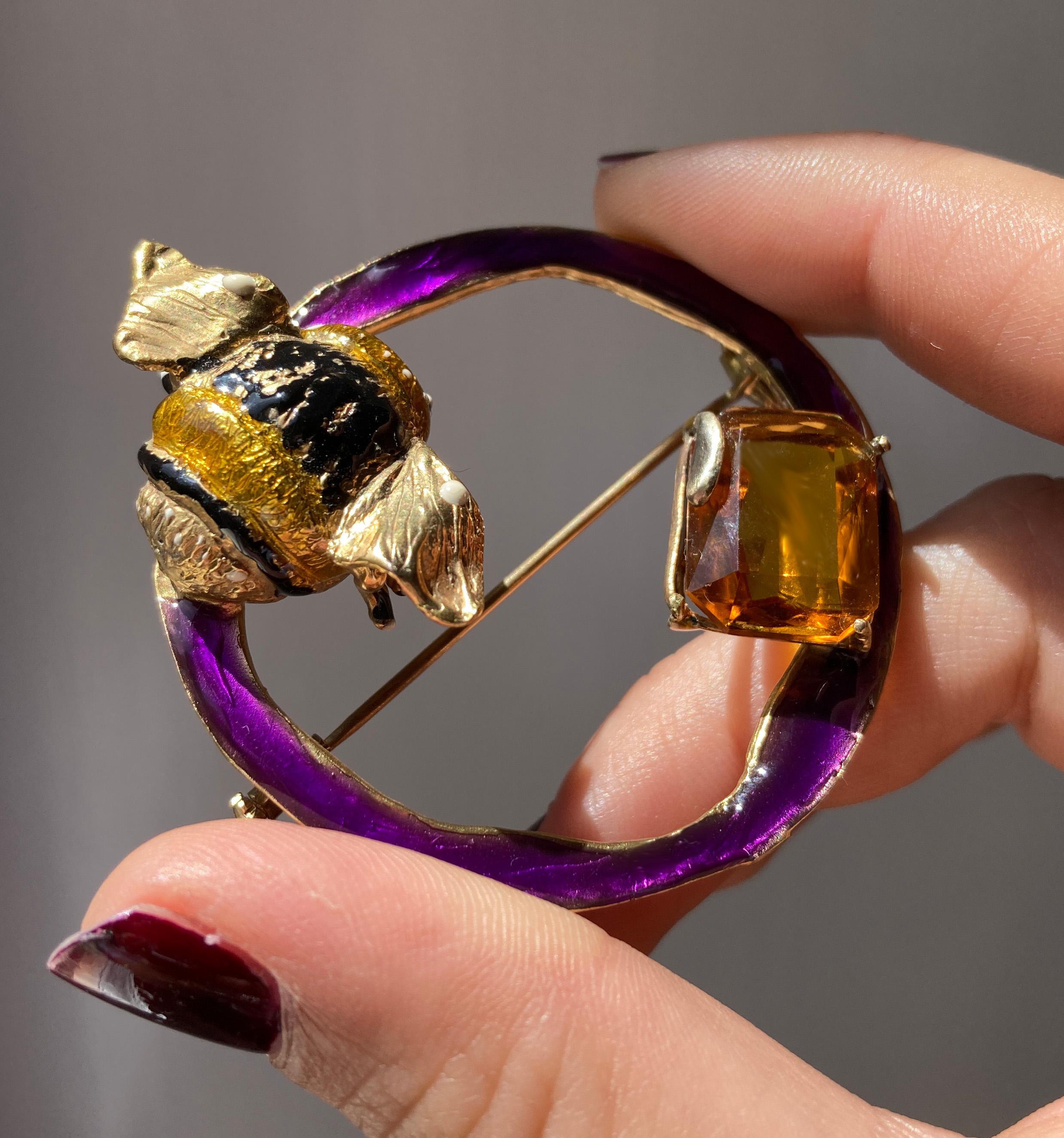 Rossella Ugolini Silver &Bronze 24k Gold-plated Citrine Bumblebee enamel Brooch For Sale 1