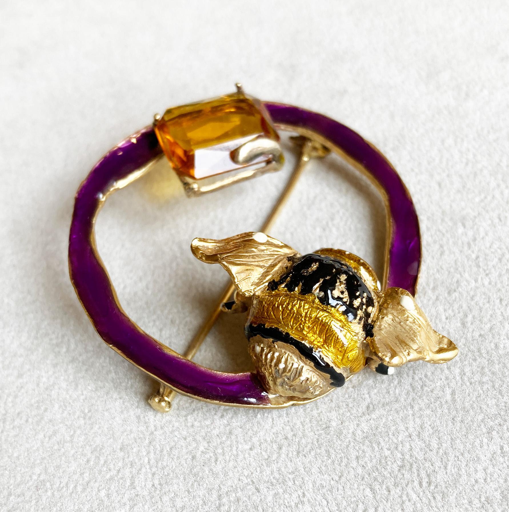 Rossella Ugolini Silver &Bronze 24k Gold-plated Citrine Bumblebee enamel Brooch For Sale 2