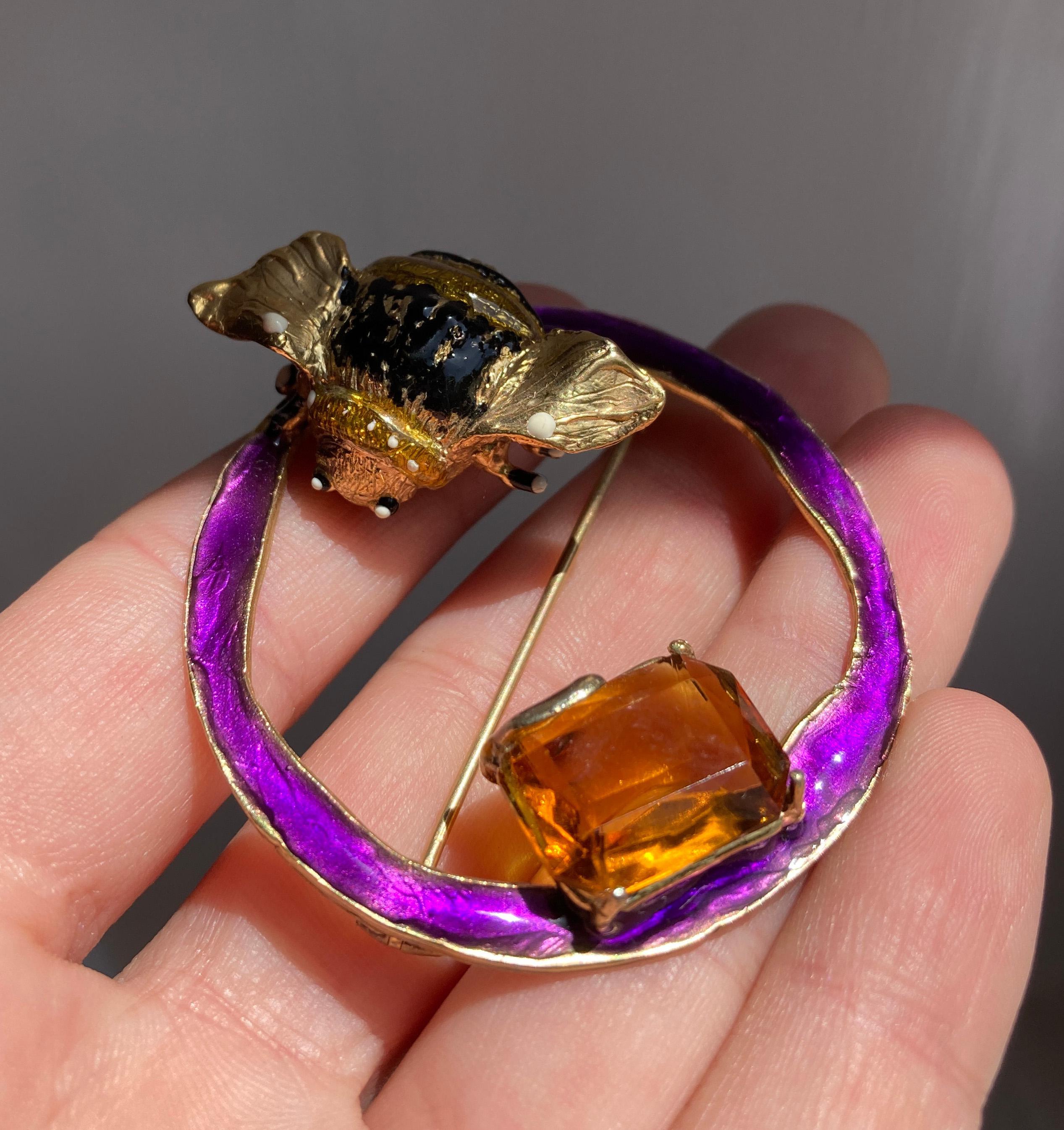 Rossella Ugolini Silver &Bronze 24k Gold-plated Citrine Bumblebee enamel Brooch For Sale 4