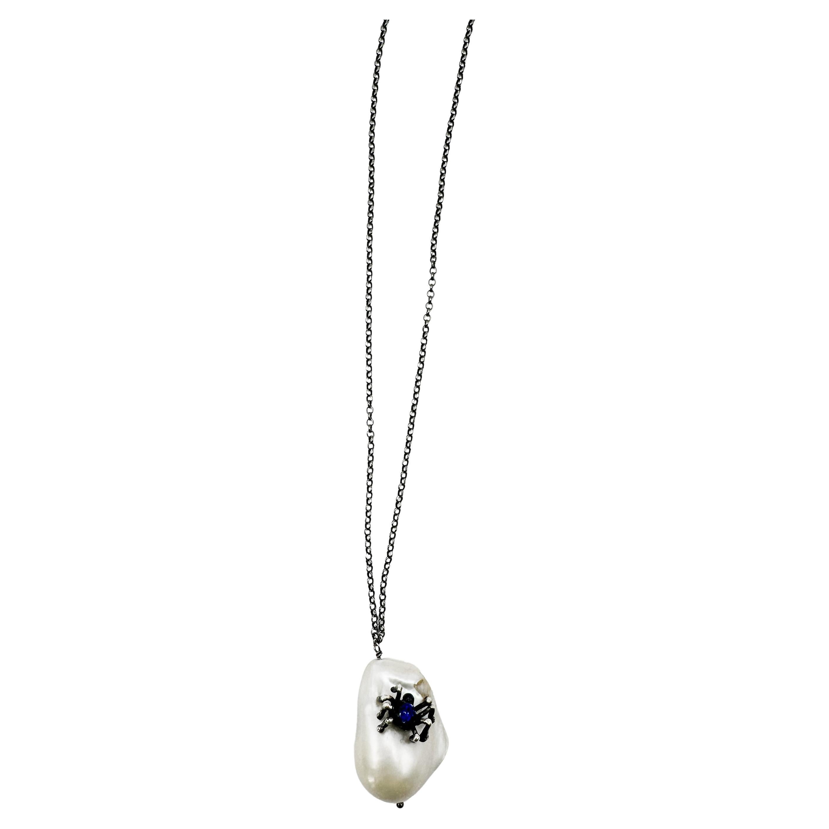 Artisan Rossella Ugolini Spider Blue Enamel Sterling Silver Unique Pendant Necklaces For Sale