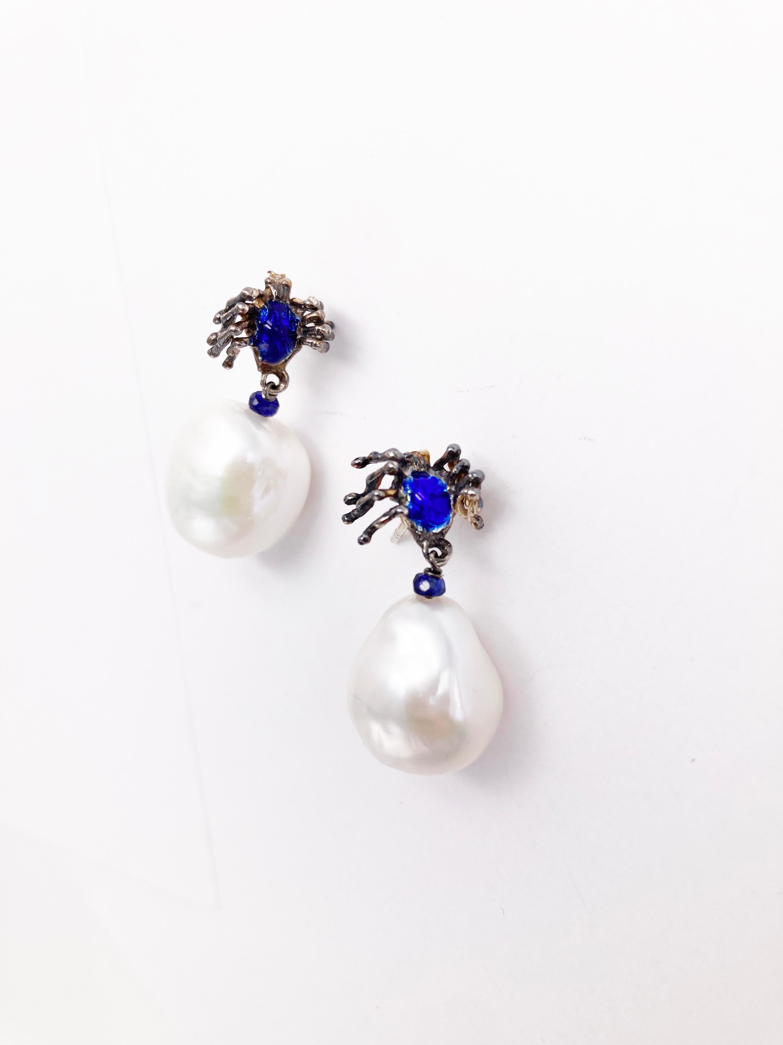 Women's or Men's Rossella Ugolini Spider Sapphires Bead Handcrafted 18K Gold Blue Enamel Earrings For Sale