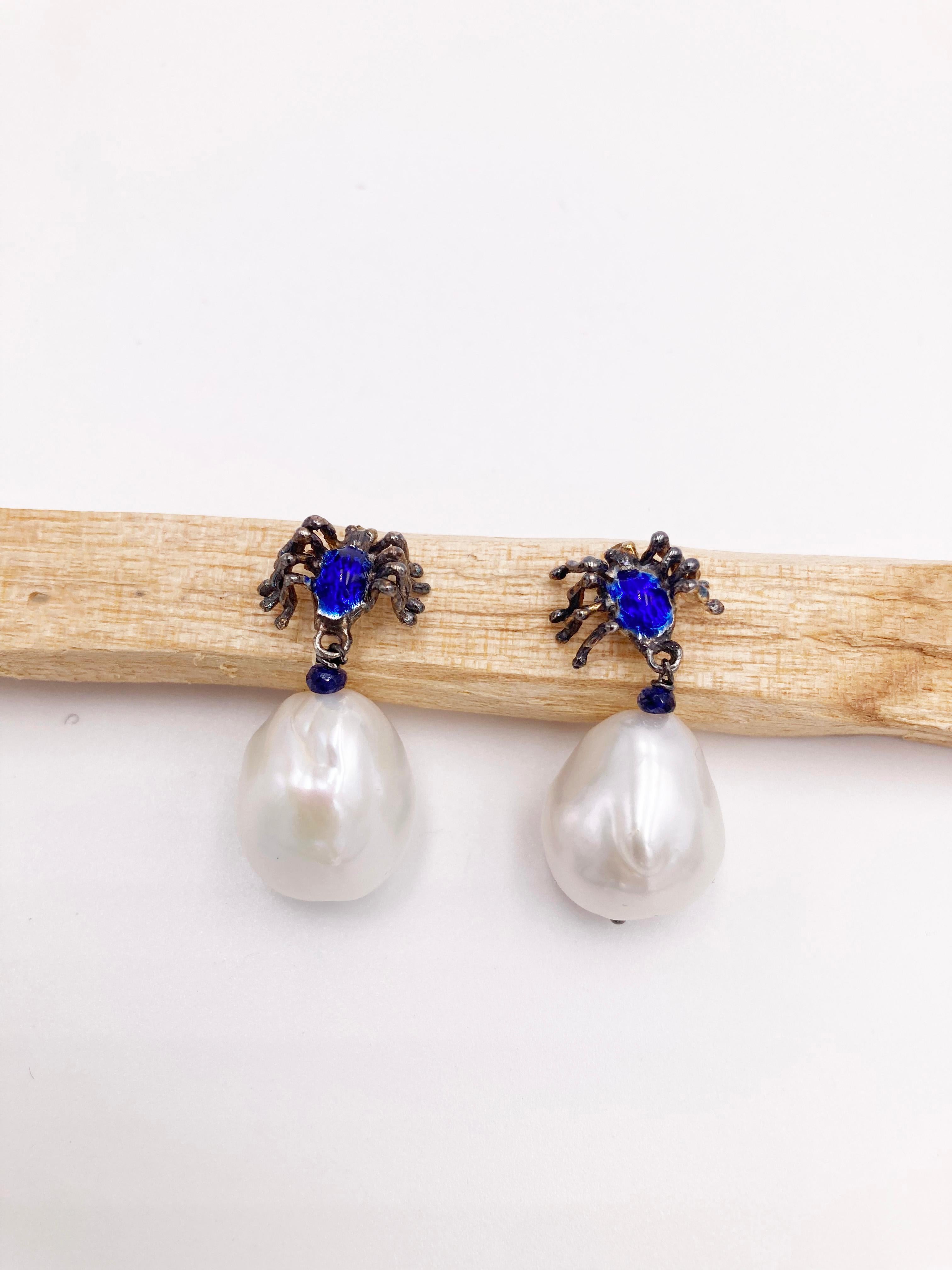 Rossella Ugolini Spider Sapphires Bead Handcrafted 18K Gold Blue Enamel Earrings For Sale 1