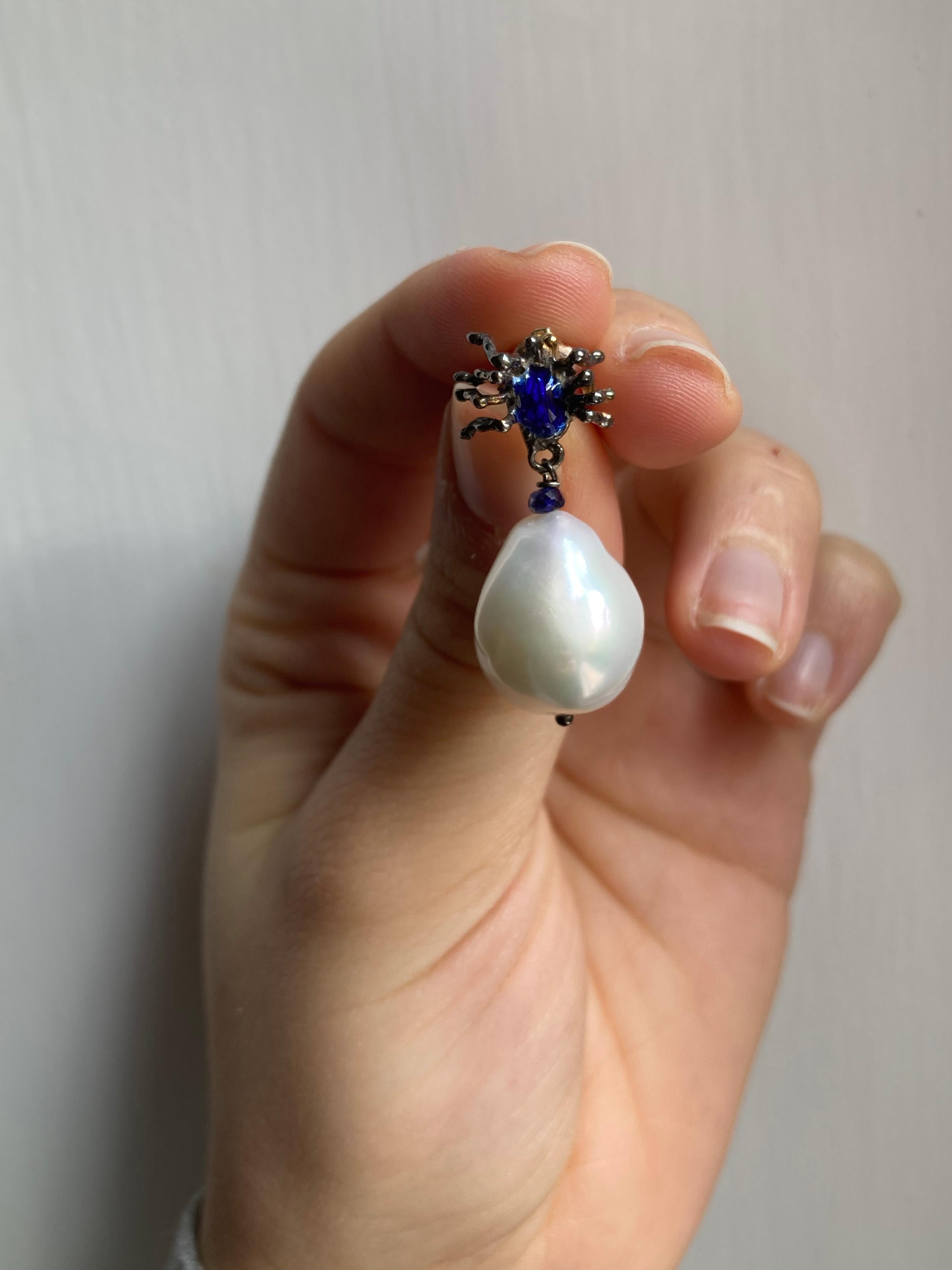Rossella Ugolini Spider Sapphires Bead Handcrafted 18K Gold Blue Enamel Earrings For Sale 2