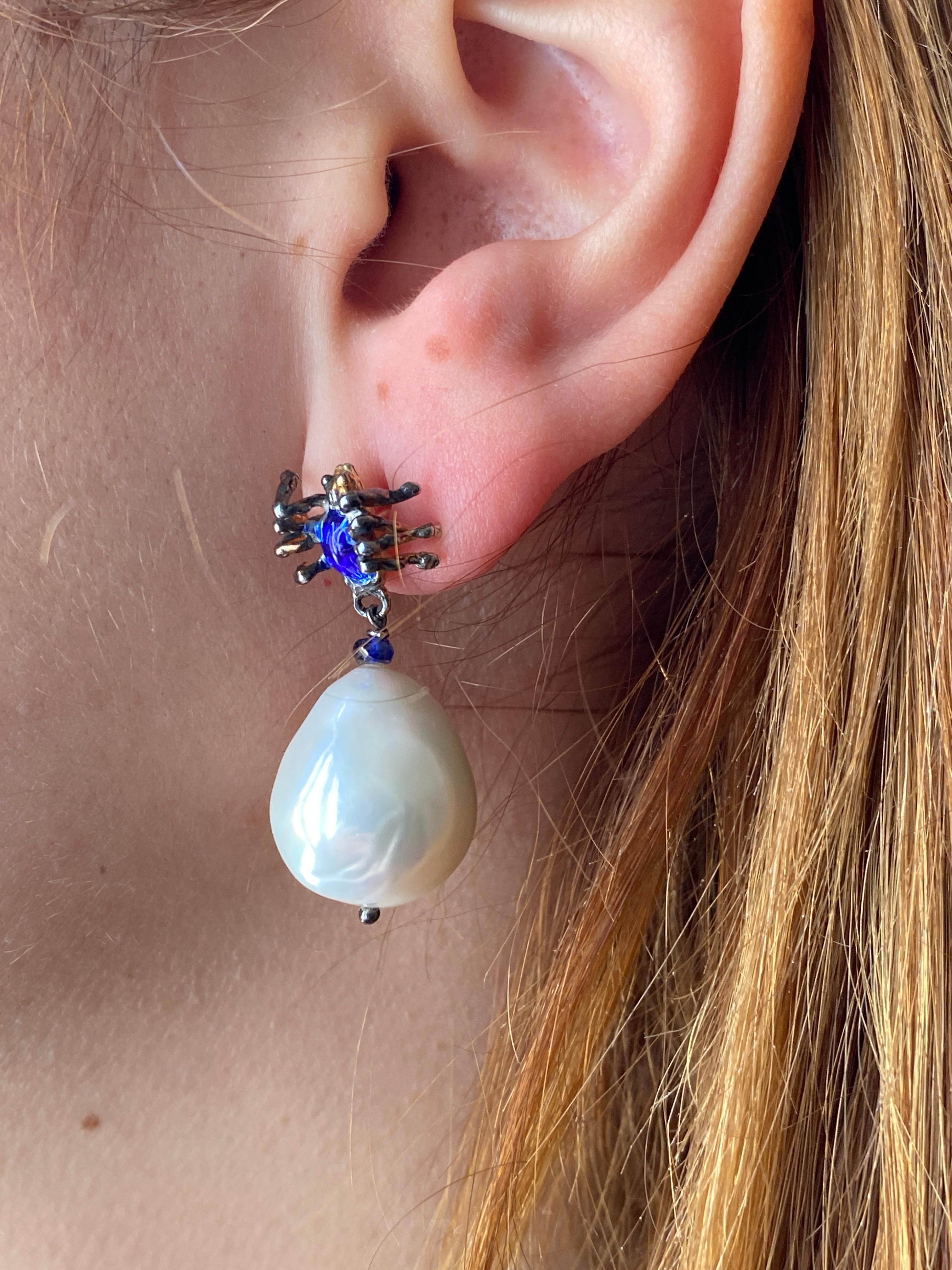 Rossella Ugolini Spider Sapphires Bead Handcrafted 18K Gold Blue Enamel Earrings For Sale 3