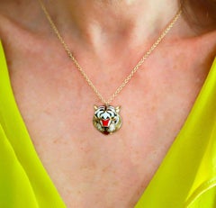 Rossella Ugolini Tiger Pendant Necklace Enamel 18K Gold Rubyes Eyes and Diamonds