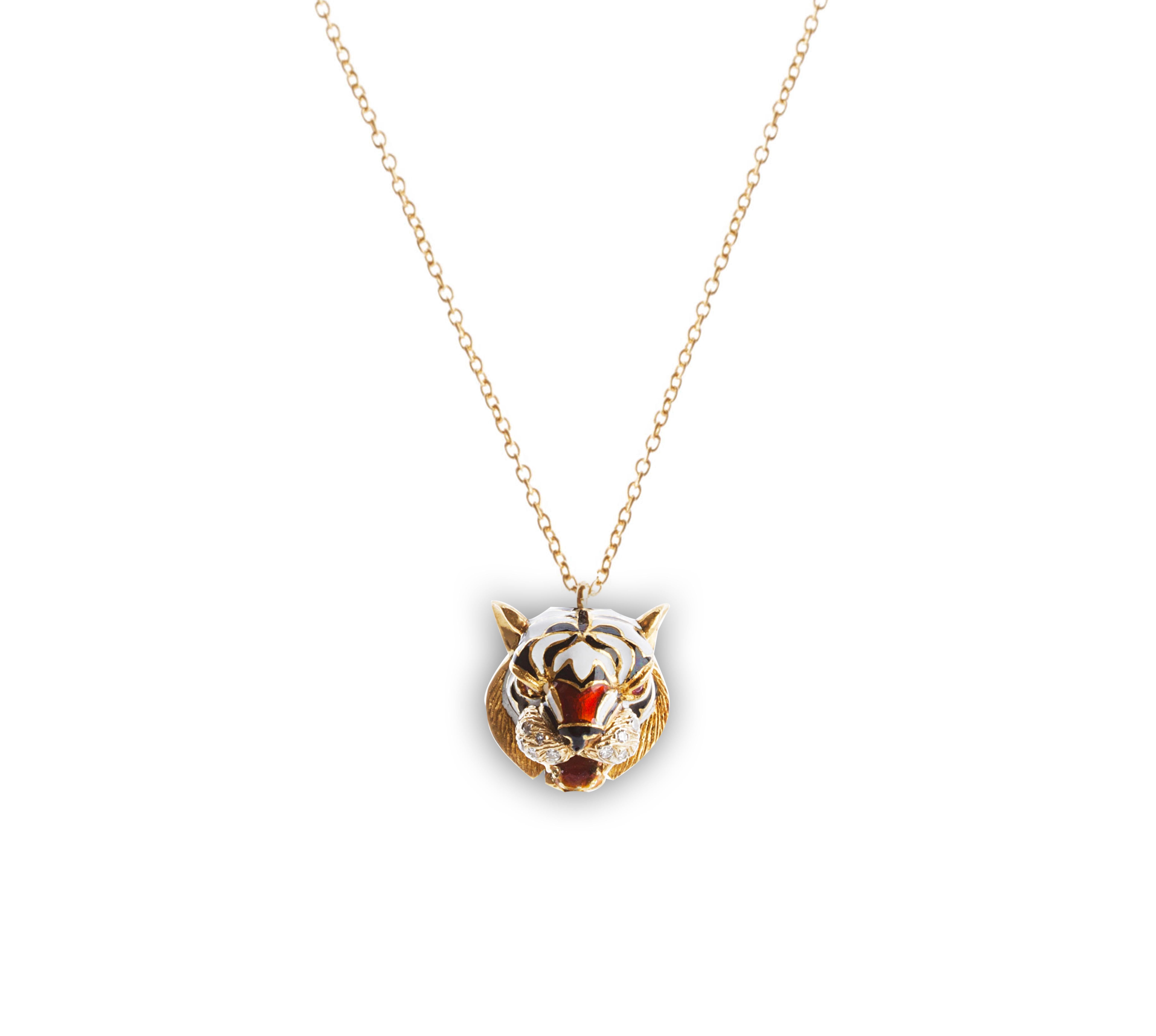 Art Deco Rossella Ugolini Tiger Pendant Necklace Enamel 18K Gold Rubyes Eyes and Diamonds For Sale