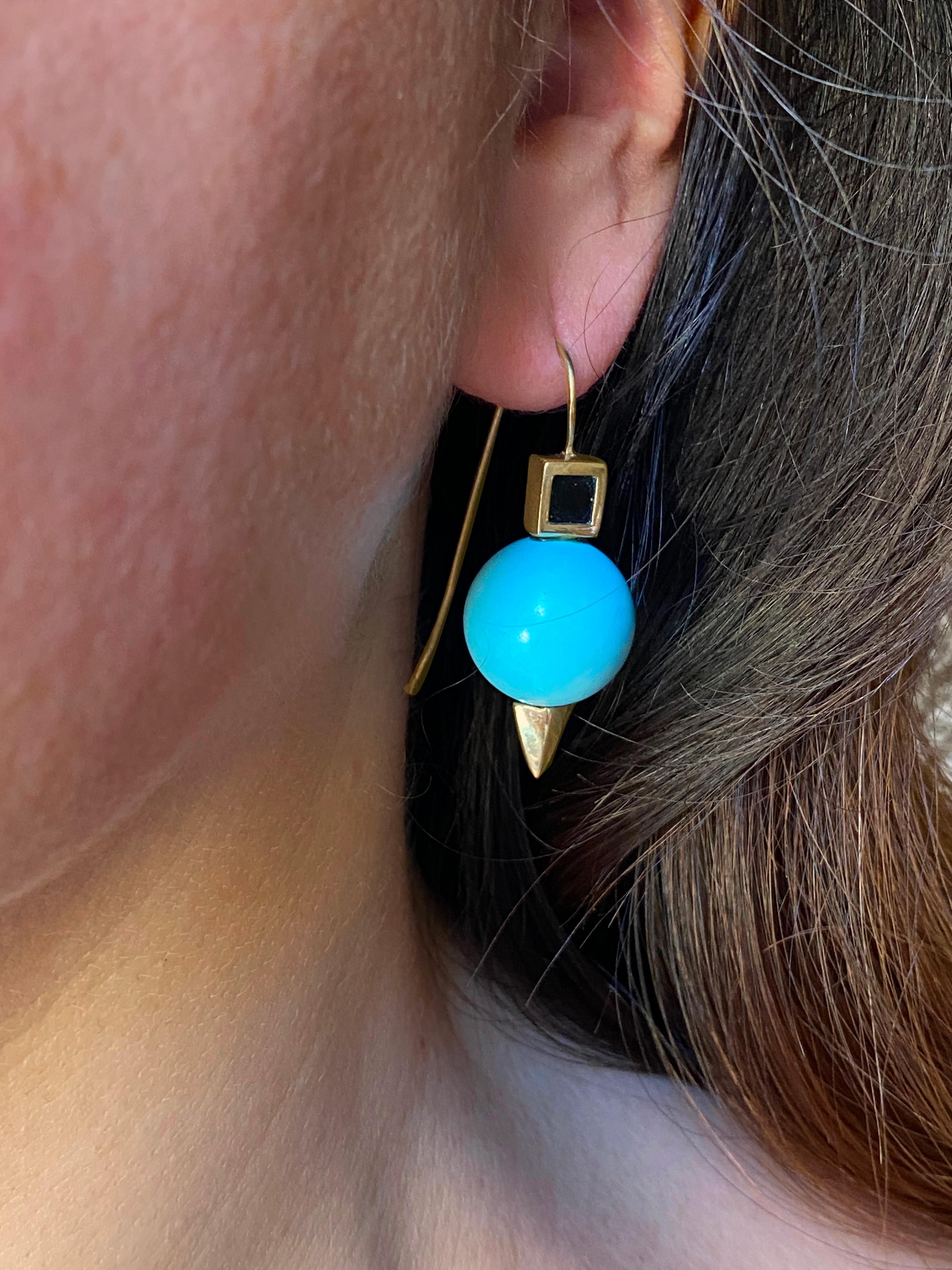 Modern Rossella Ugolini Turquoise and Onyx 18 Karat Yellow Gold Earrings For Sale