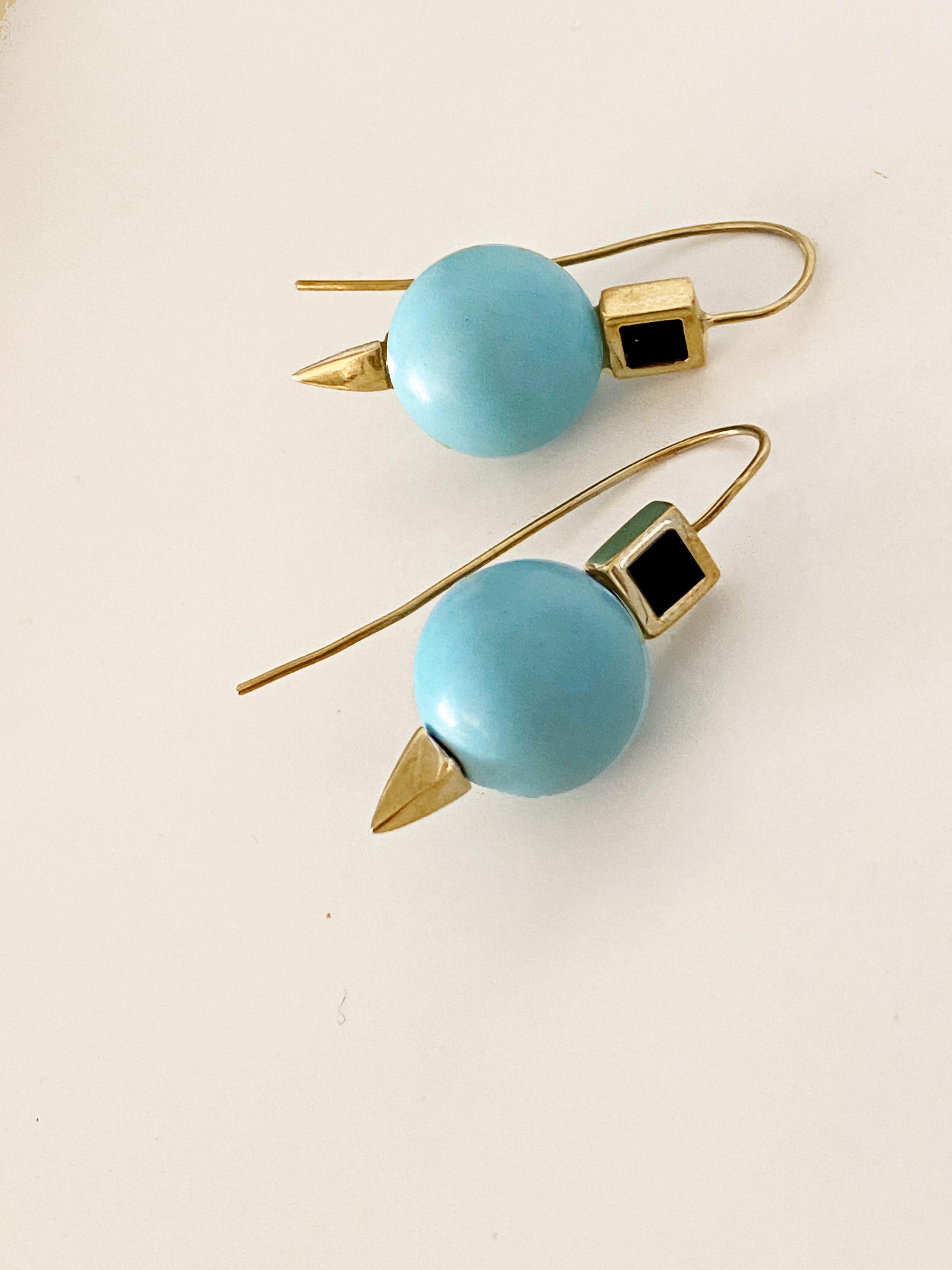 Bead Rossella Ugolini Turquoise and Onyx 18 Karat Yellow Gold Earrings For Sale