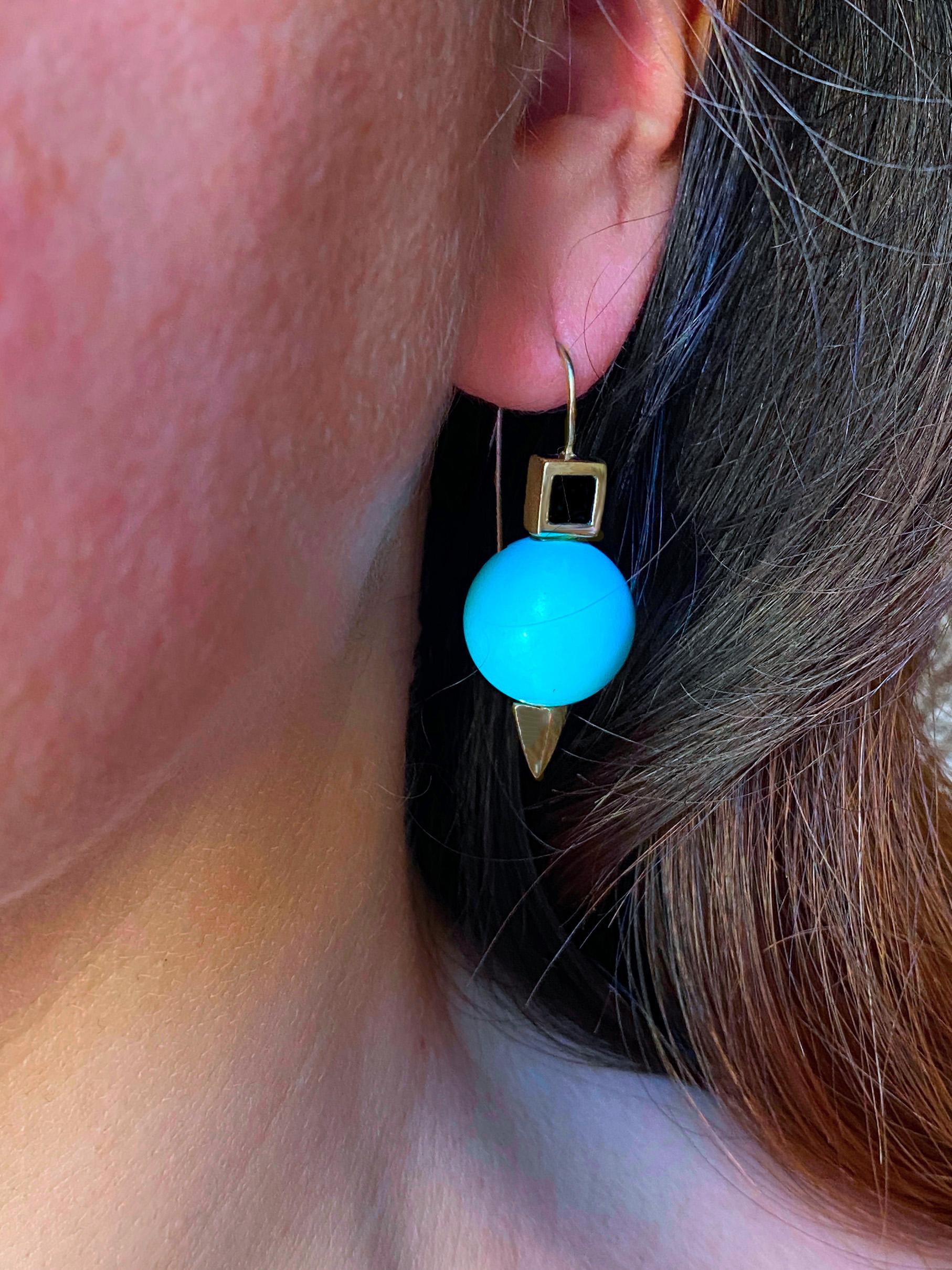 Rossella Ugolini Turquoise and Onyx 18 Karat Yellow Gold Earrings In New Condition For Sale In Rome, IT
