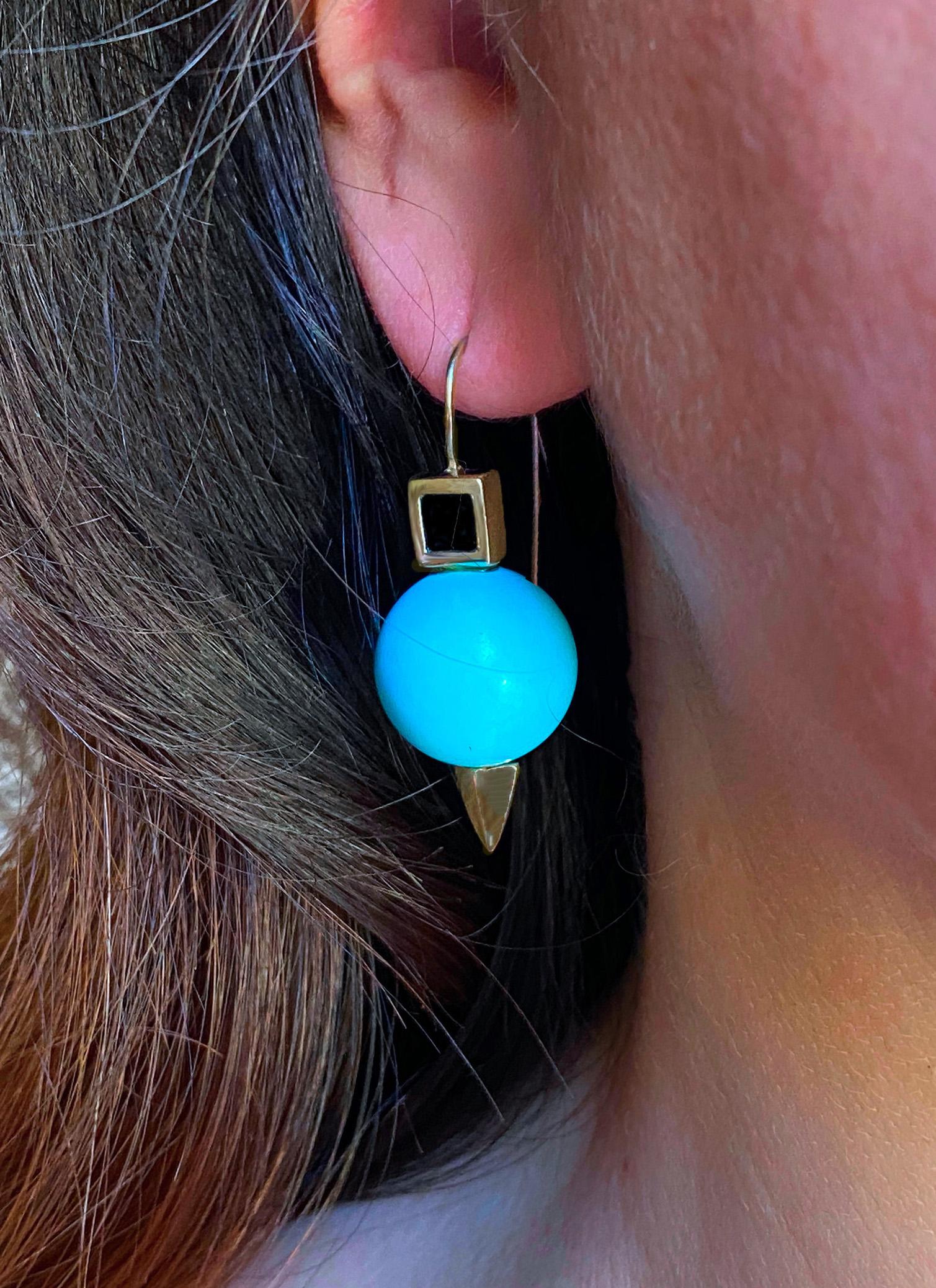 Rossella Ugolini Turquoise and Onyx 18 Karat Yellow Gold Earrings In New Condition For Sale In Rome, IT
