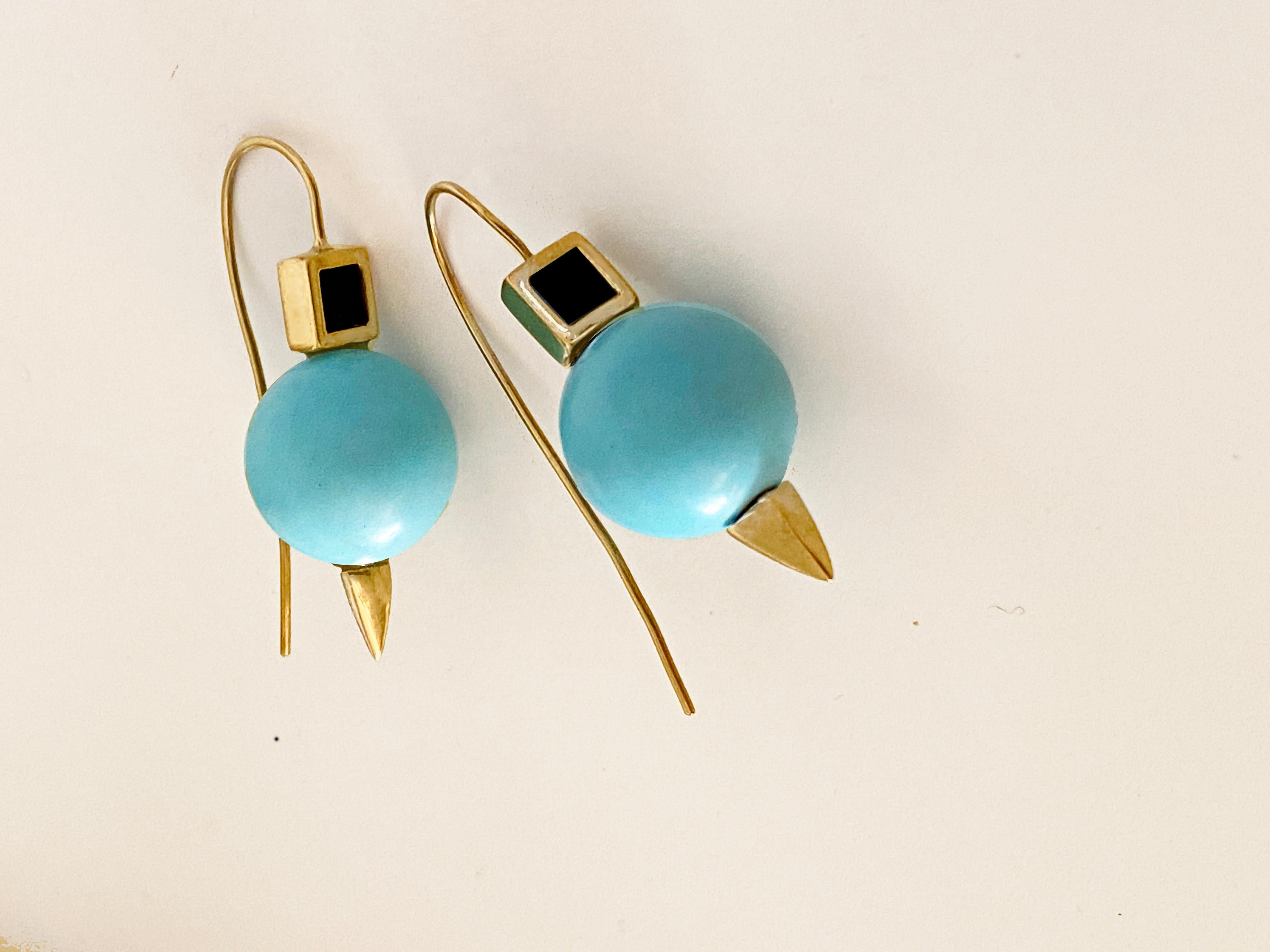Rossella Ugolini Turquoise and Onyx 18 Karat Yellow Gold Earrings For Sale 1