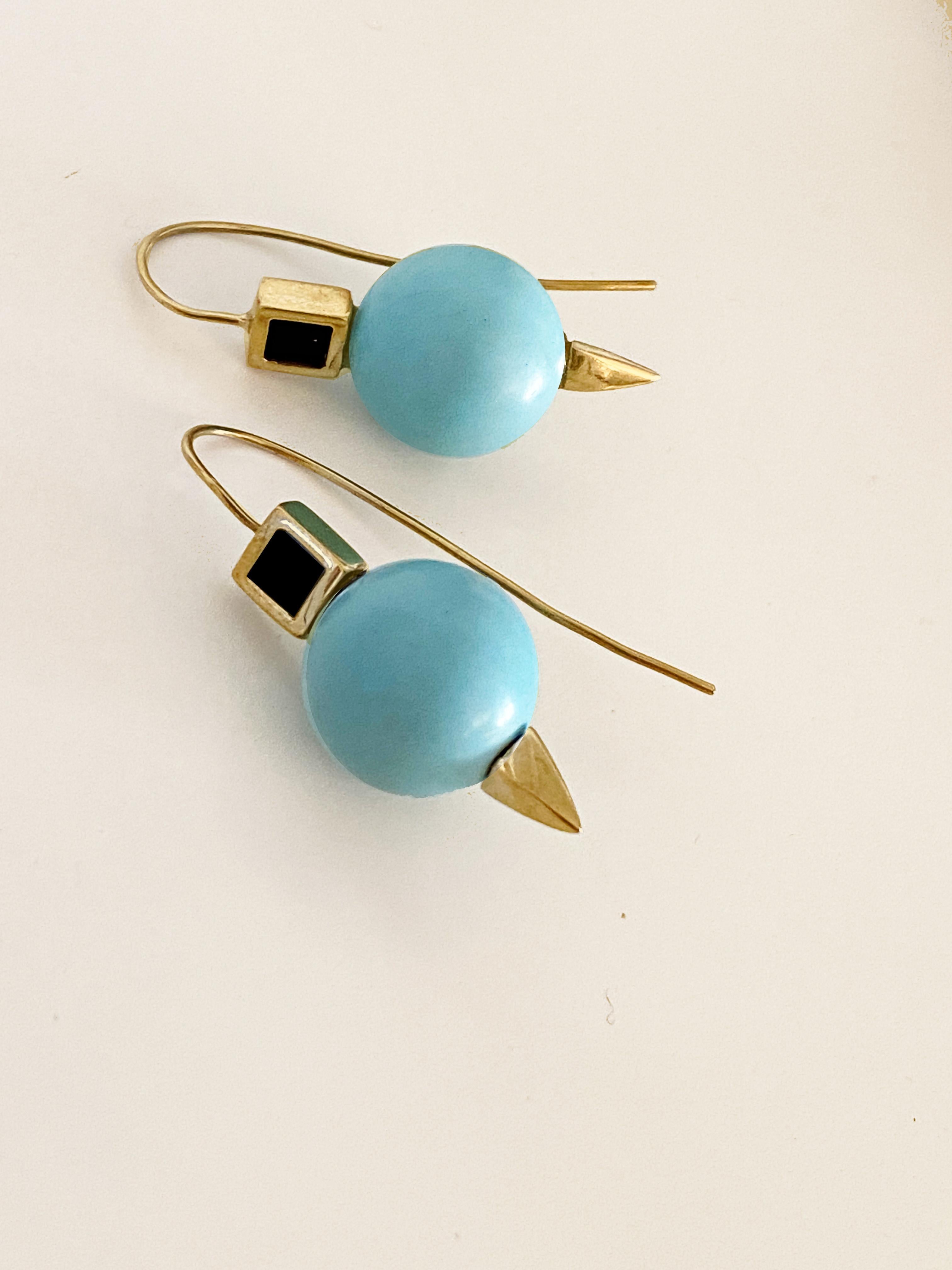 Rossella Ugolini Turquoise and Onyx 18 Karat Yellow Gold Earrings For Sale 1