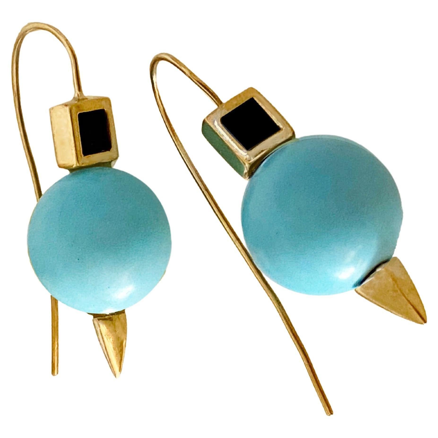 Rossella Ugolini Turquoise and Onyx 18 Karat Yellow Gold Earrings For Sale